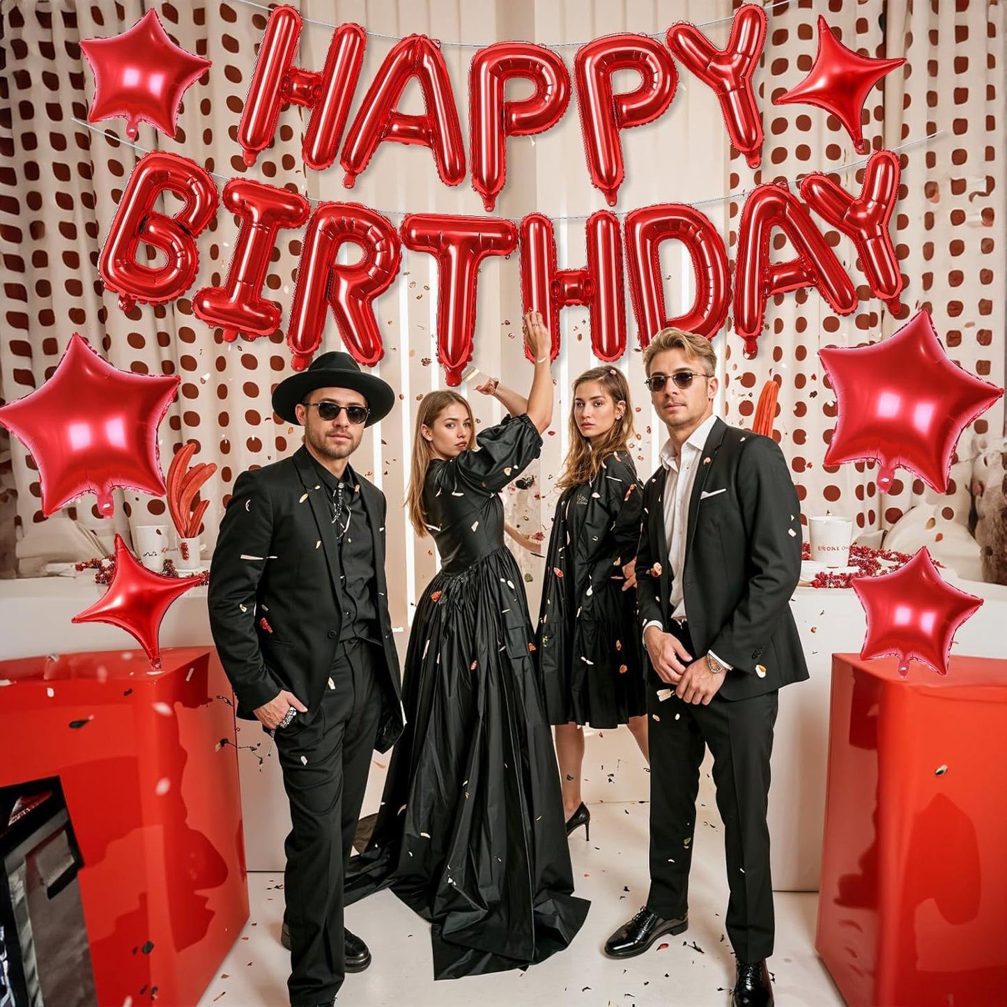 Red Happy Birthday Balloon Banner, 16 Inch Mylar Foil Letter Balloons, Reusable Birthday Decorations with Red Star Foil Balloons, Inflatable Party Supplies for Women Girls Decorations