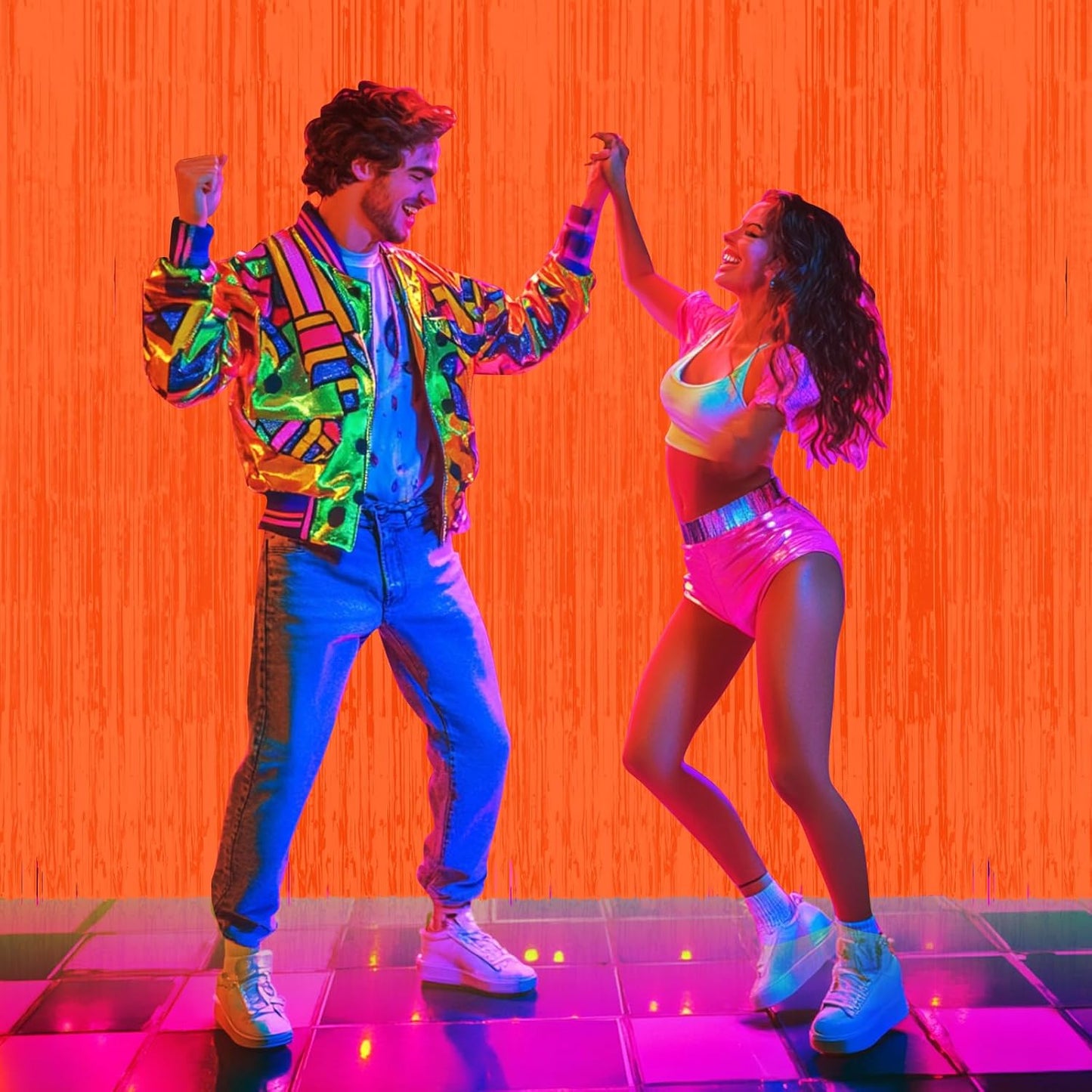 3 Pack 3.3Ft x 6.6Ft Orange Glow in The Dark Foil Fringe Curtain Backdrop Party Supplies, Fluorescent Macaron Metallic Tinsel Foil Streamers Curtain Photo Booth for Neon Birthday Party Decorations