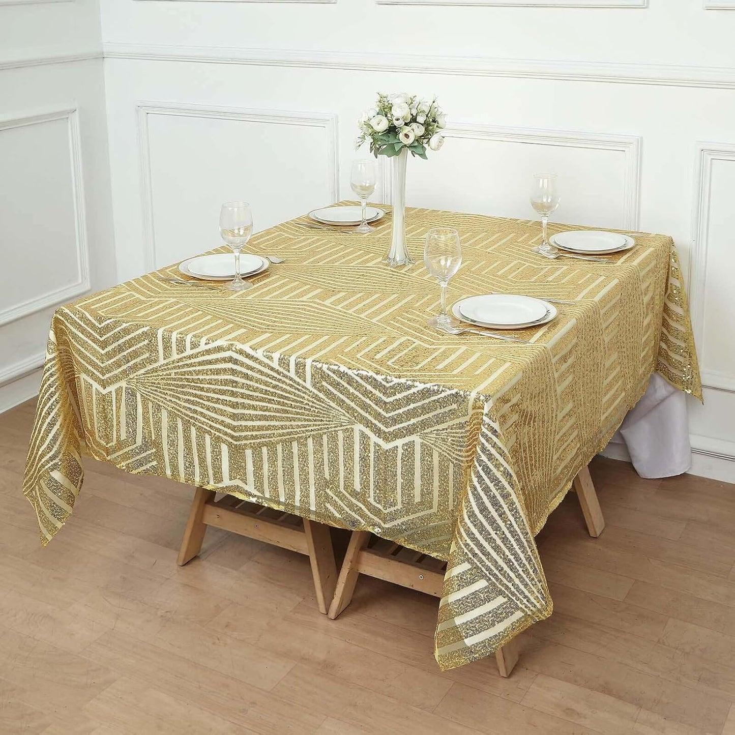 Efavormart 72" Gold Sparkly Sequin Geometric Tulle Square Table Overlay