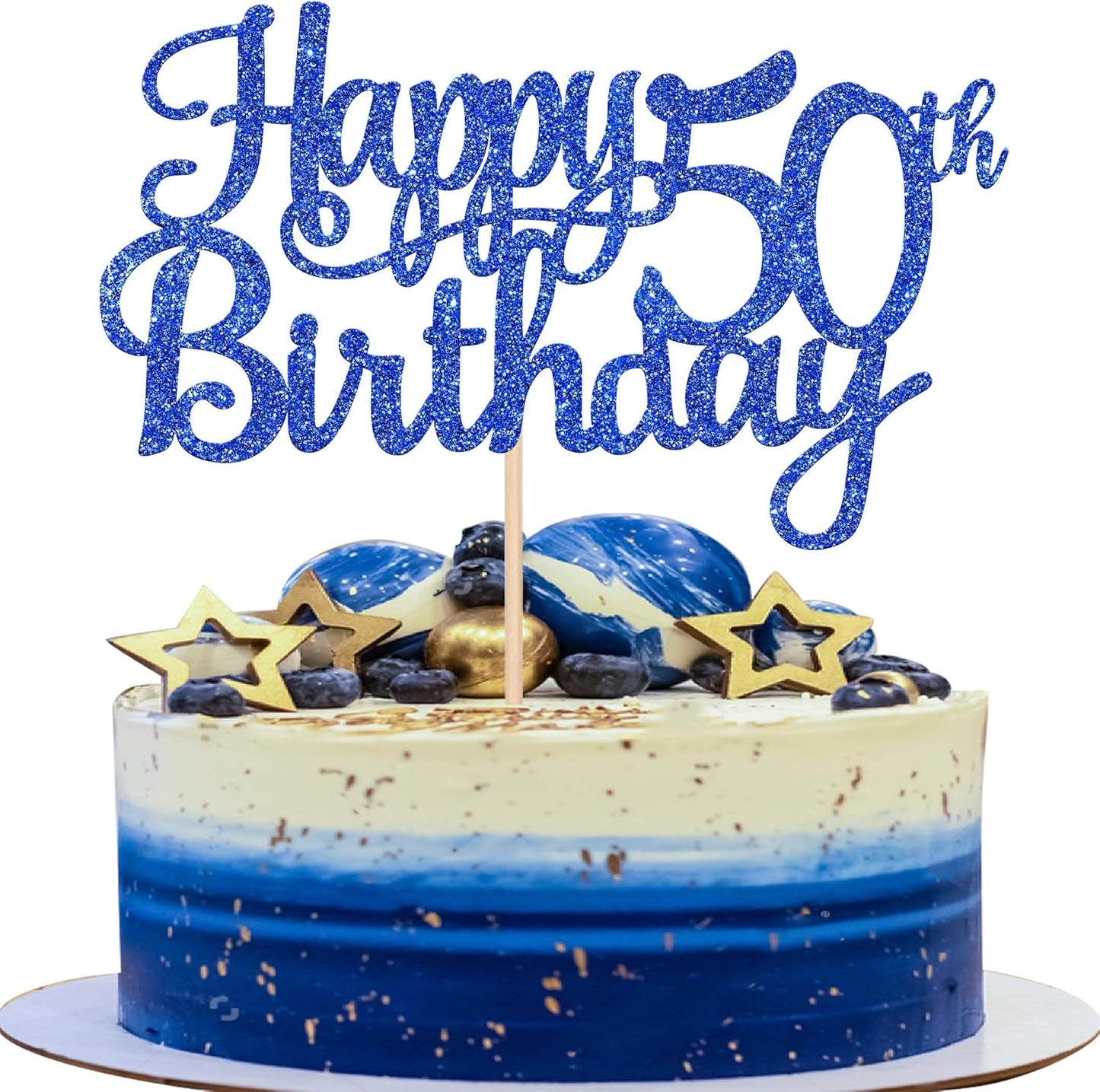 1 PCS Happy 50th Birthday Cake Topper Glitter Cheers to 50 Years Birthday Cake Pick 50 Fabulous Cake Decoration for Happy 50th Birthday Anniversary Party Decorations Supplies Blue