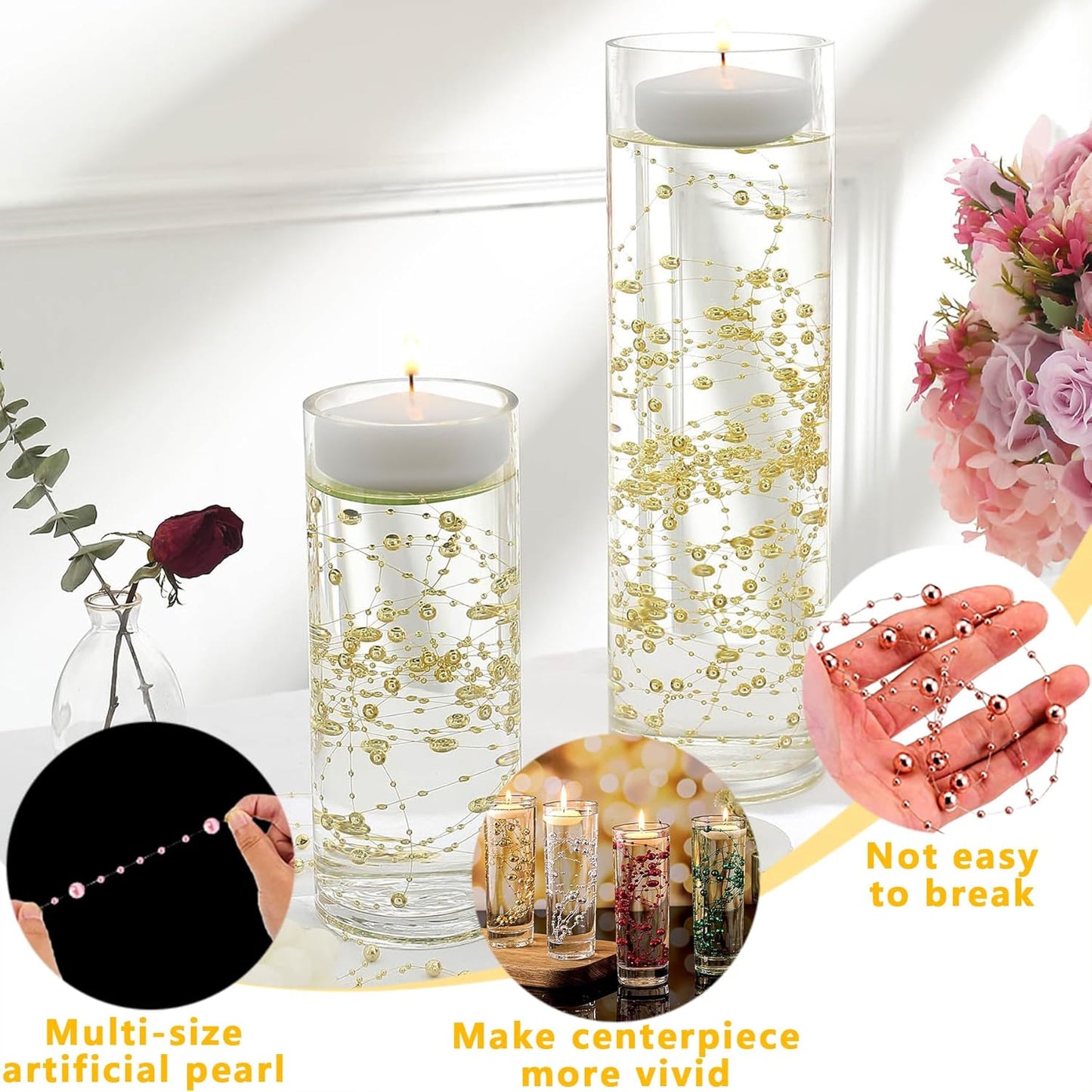 100 PCS Artificial Floating Beads for Centerpieces Vases, Light Pink 8+3mm String Beads for Wedding Party Faux Pearl String for Decorating, String Pearls for Crafts Vase Filler