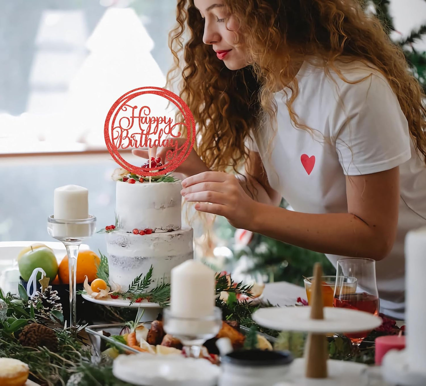 Happy Birthday Cake Topper - Red Glitter Happy Birthday Cake Decoration Supplies for Children or Adults - Happy Birthday Cake Bunting Decor, Photo Booth Props