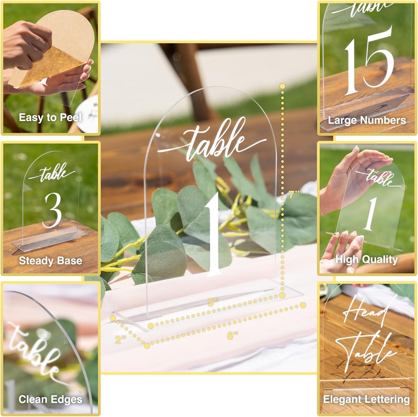 Clear Arch Acrylic Table Numbers for Wedding Reception - 5" x 7" White Font Centerpiece Set with Holder Stands & Head Table Sign - Anniversary, Event, Party, Wedding set 1-10