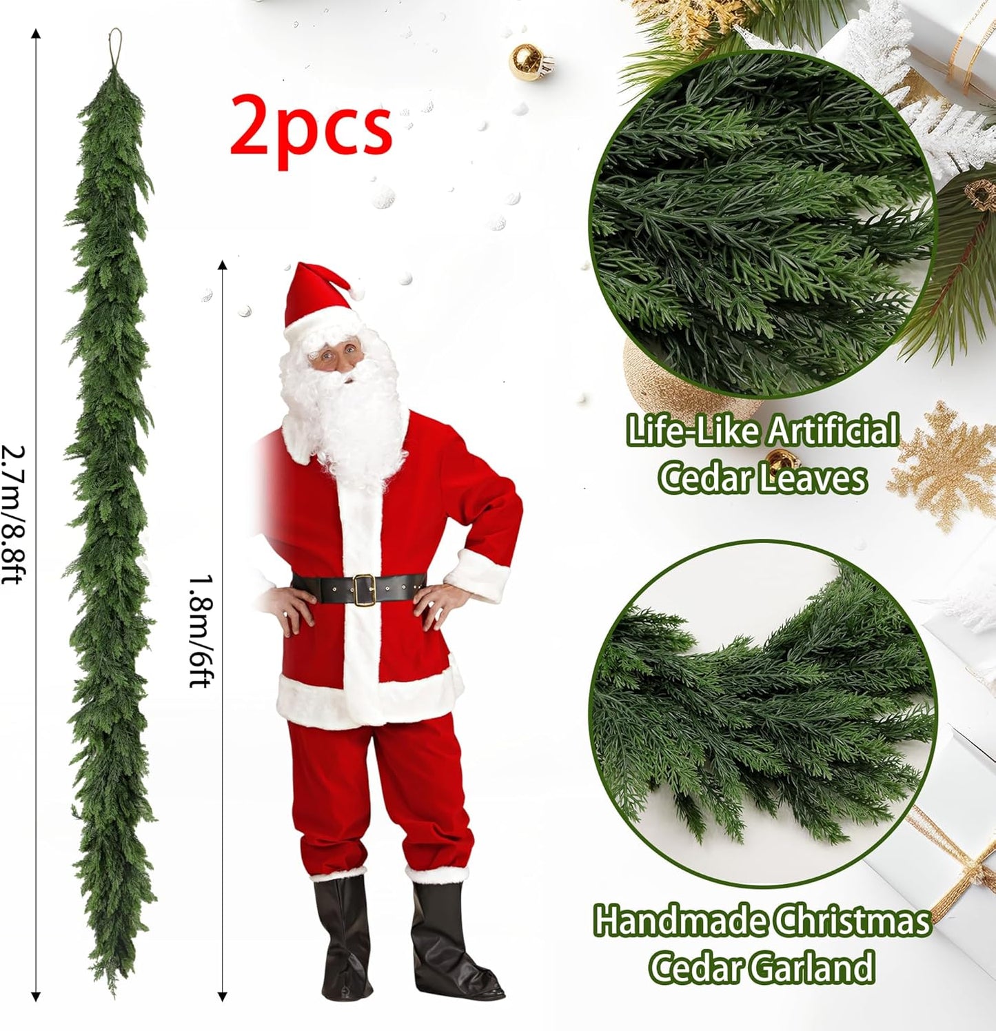 2PCS Christmas Cedar Garland 9Ft Artificial Realistic Soft and Thickness Green Faux Cedar Pine Garlands, Holiday Xmas Decoration Stairs Wall Mantle Door Indoor Outdoor(2pcs, 9ft)