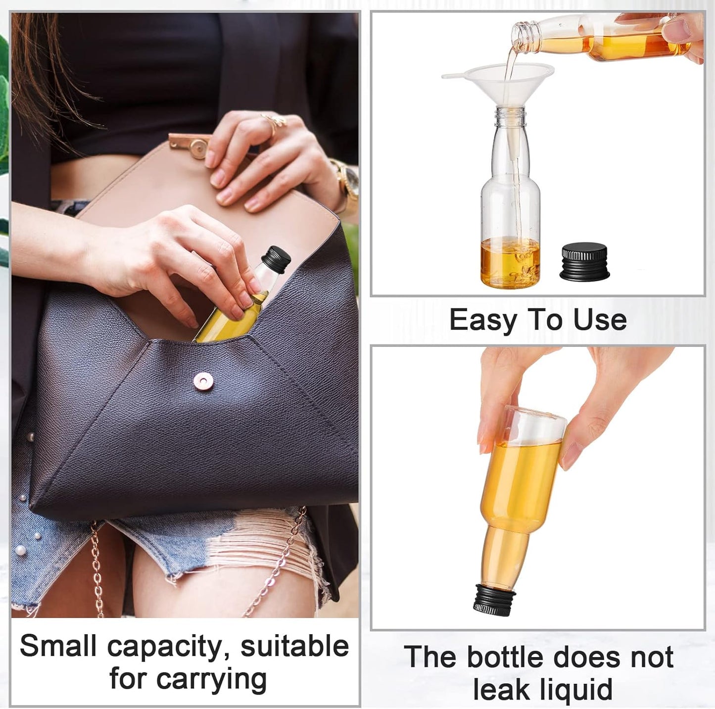 120 Pcs Mini Liquor Bottles Airtight Shot Miniature Empty Plastic Alcohol Spirit Shot Bottles with Funnels for Party Favors, Weddings(2 oz,Silver, Gold, Black)