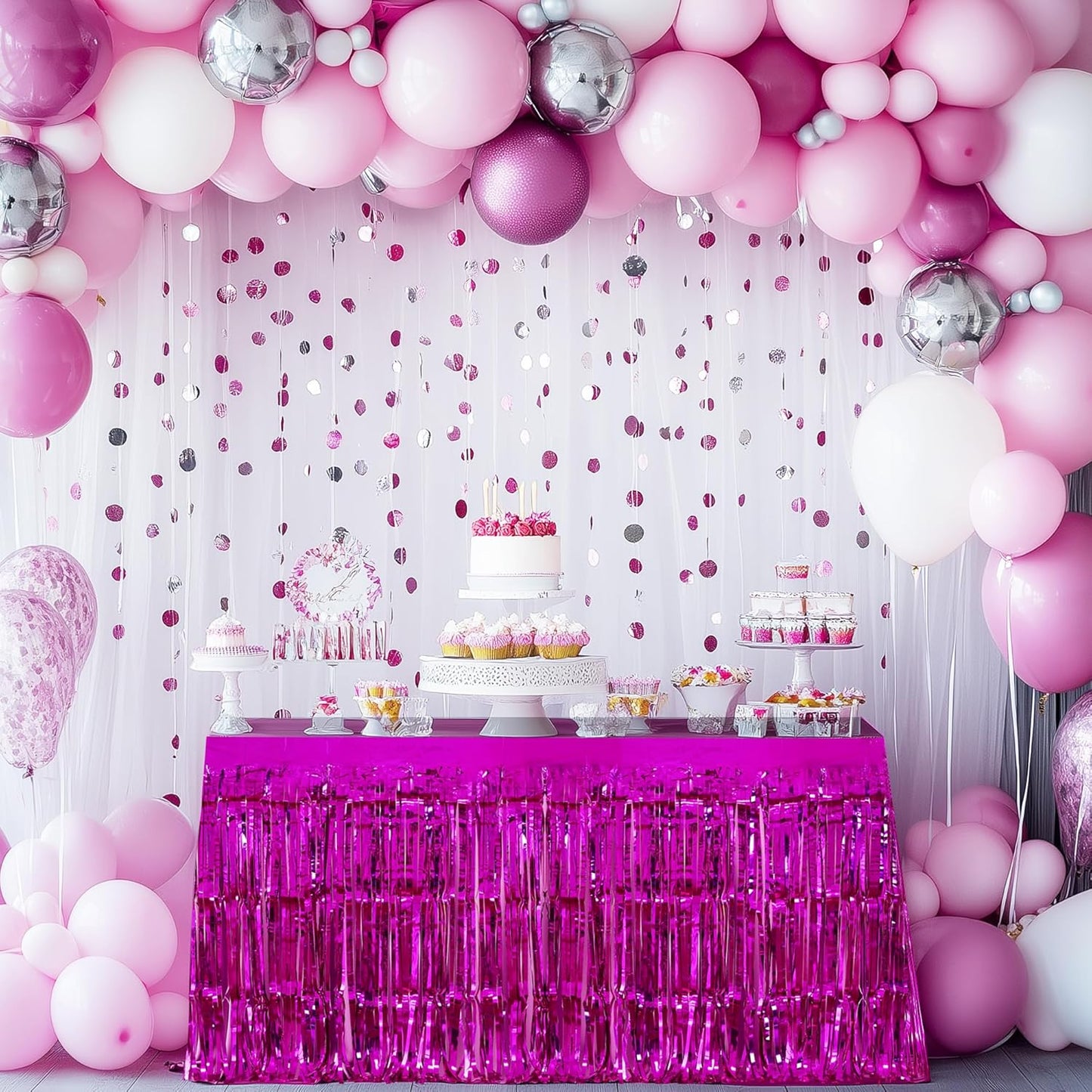 2 Pack Rose Red Table Skirts, 29x108" Metallic Foil Tinsel Fringe Table Skirts for Rectangle Tables Streamer Curtains Backdrop, Party Decorations for Birthdays Weddings Holidays