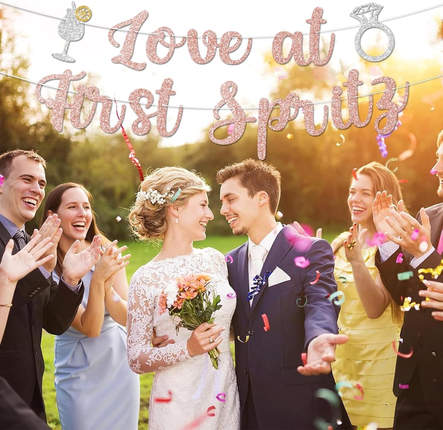 Love At First Spritz Wedding Banner - Bridal Shower Decorations, No Diy, Glitter Just Engaged Spritz Party Banners for Wedding/Engagement/Bachelorette Party Decorations Supplies, Rose Gold.
