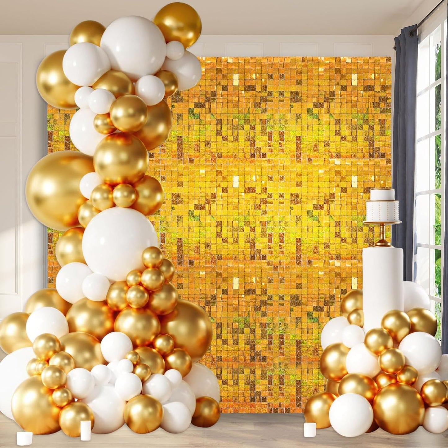 12PCS Gold Shimmer Wall Backdrop, Laser Square Sequin Photo Backdrops Panel, Glitter Wall Background for Birthdays, Weddings, Christmas, Engagements, Disco Bachelorette Party Decoration (3FTx4FT)