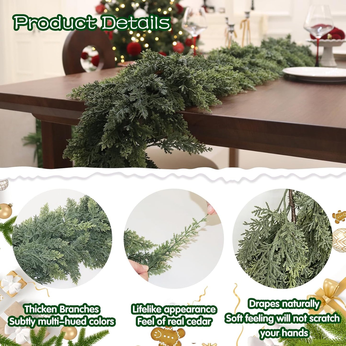 Artificial Cedar Garland for Christmas Decoration - Realistic Winter Greenery Garland for Mantel, Fireplace, Table, Door, Holiday Indoor Outdoor Decor 6FT