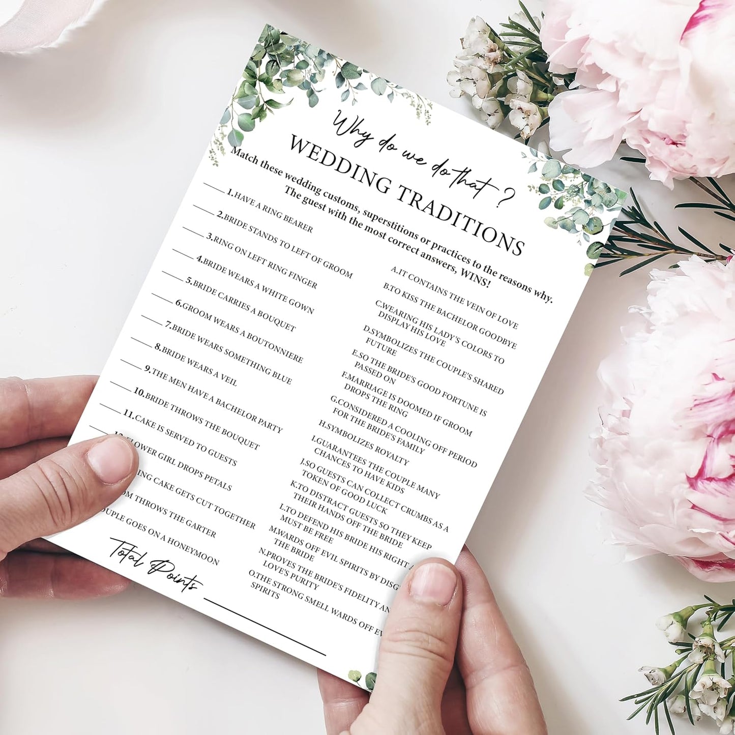 Eucalyptus Bridal Shower Game Cards - Why Do We Do That ? Wedding Traditions, Engagement Bachelorette Party Games for 30 Guests, 30 Double Sided Cards with 1 Answer Card, Activity Supplies & Favor/A09