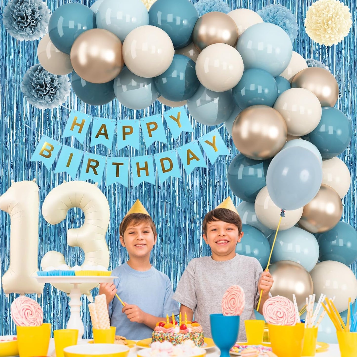 Dusty Blue 13th Birthday Party Decorations Boys Girls Beige Cream Number 13 Balloon with Blue Gold Happy Birthday Banner Fringe Curtain Paper Pom Poms Nude White Sand Champagne Star Foil Balloons
