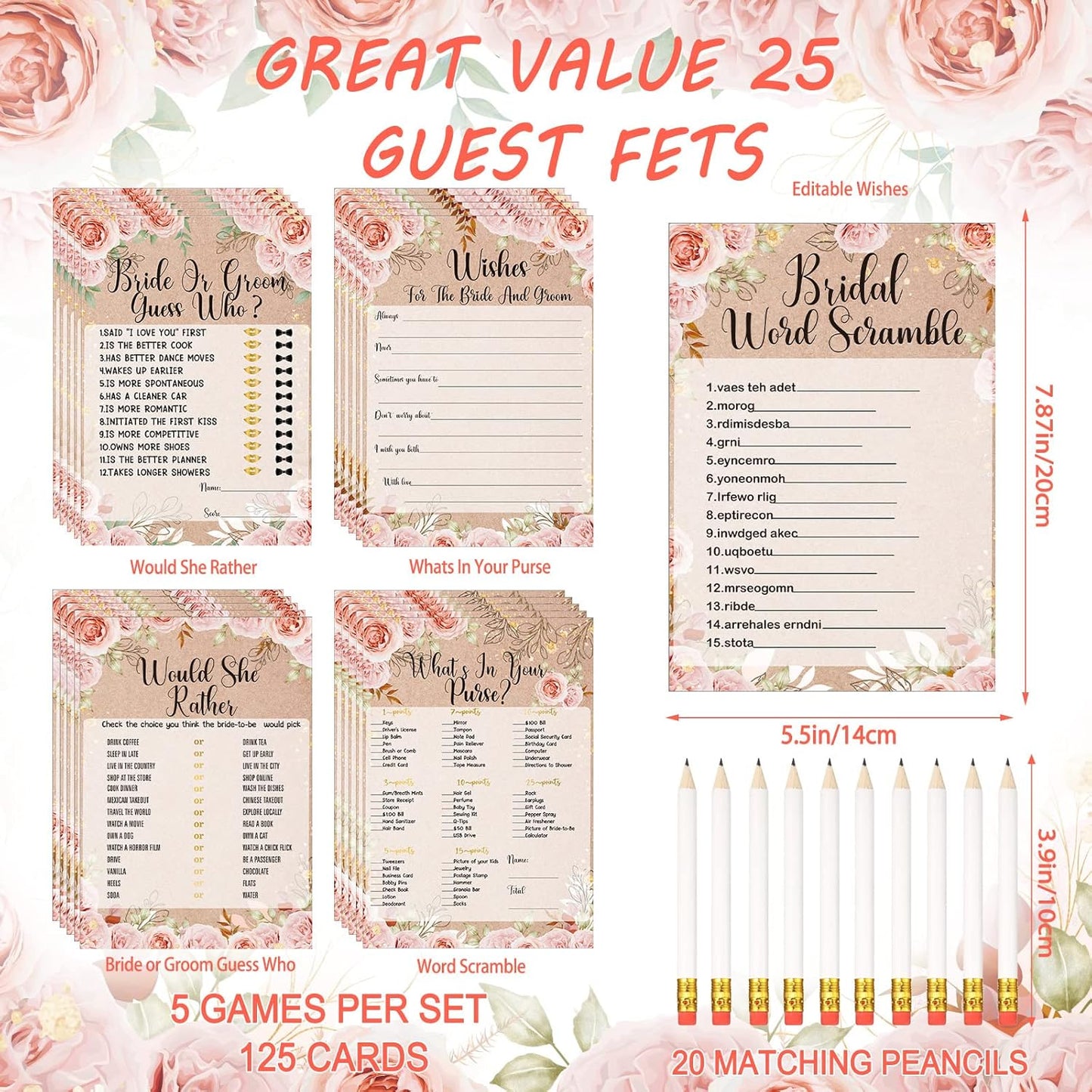 Teling 145 Pieces Bridal Shower Game Bridal Shower Favors Set Wedding Games Cards and Pencils for Bride Groom Bachelorette Party Wedding Party Favor(Rose Style)