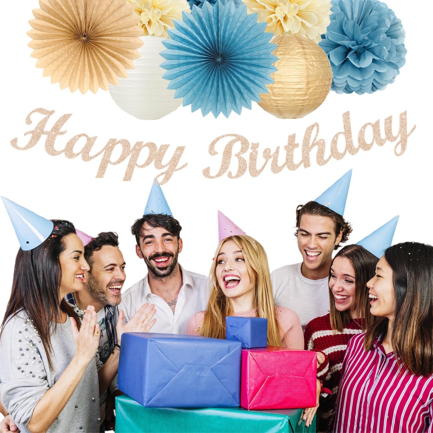 Light-Dusty Blue 18th Happy-Birthday Party-Decorations - 31pcs Women Girls Paper Lanterns Streamers Banner,Tissue Pom Poms Fans Tassels Graland Decor,Beige Champagne Wall Backdrop Supplies Hugmoon