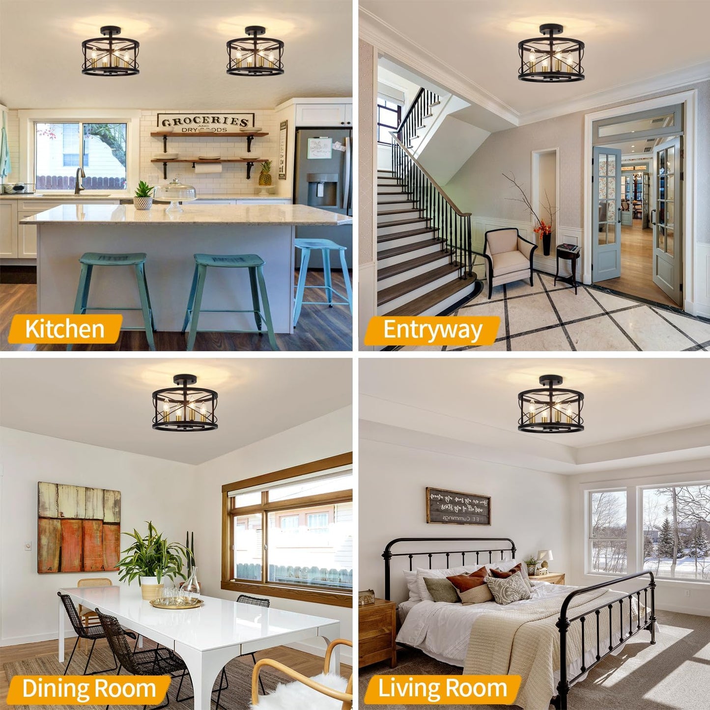 Black and Brushed Gold Semi Flush Mount Ceiling Light, Farmhouse Modern Light Fixture, Hallway Light Fixtures, 4-Light Ceiling Lamp for Kitchen, Entryway, Laundry Room, Bedroom Lighting, UL Listed