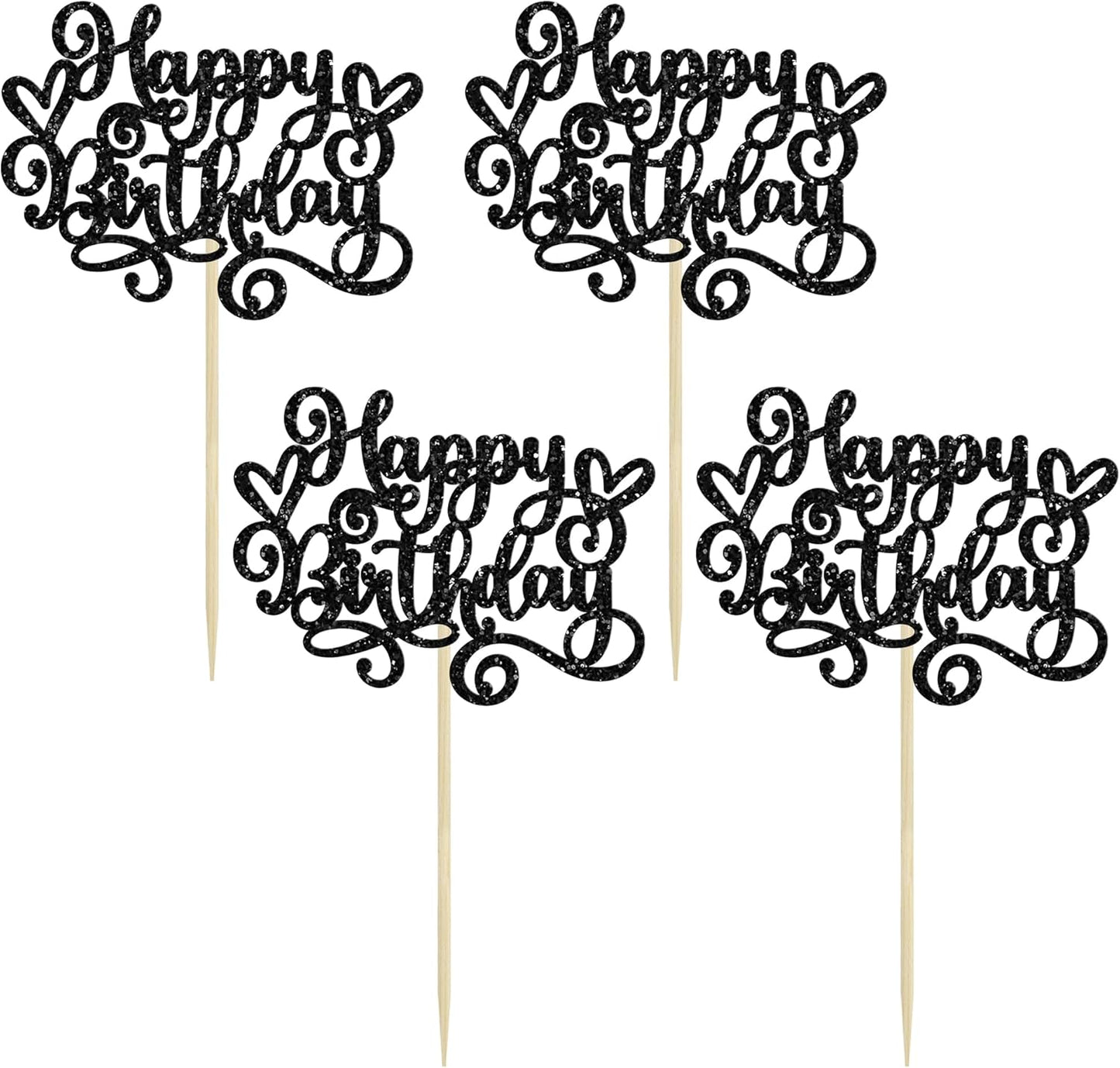 Gyufise 24Pcs Happy Birthday Cupcake Toppers Glitter Happy Birthday Cupcake Picks for Celebrating Happy Birthday Anniversary Theme Party Cake Decorations Supplies Black