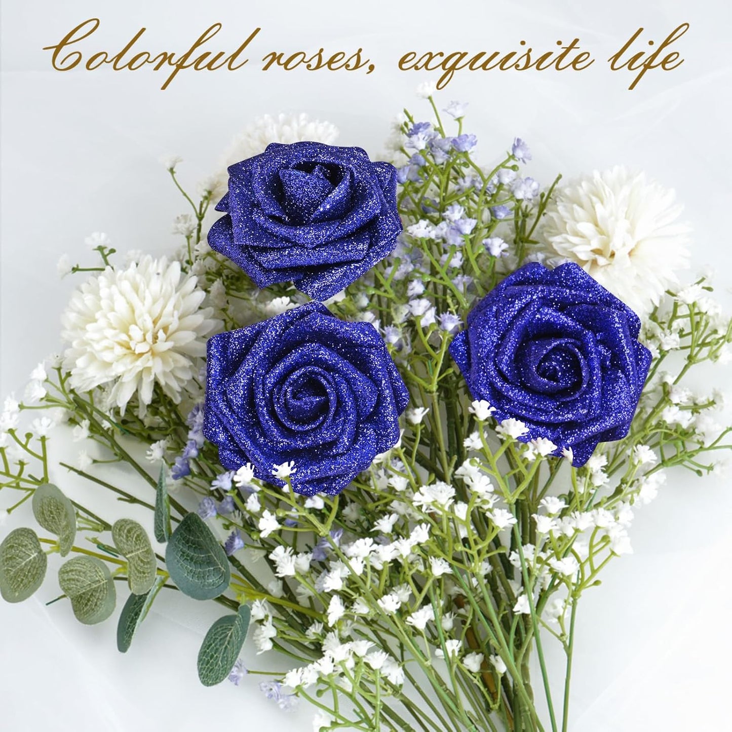 BLEUM CADE 16Pcs Artificial Flowers Fake Roses with Stems, Blue Glitter Boxed Foam Roses for DIY Bouquets Centerpieces Wedding Party Arrangement Bridal Shower Decor