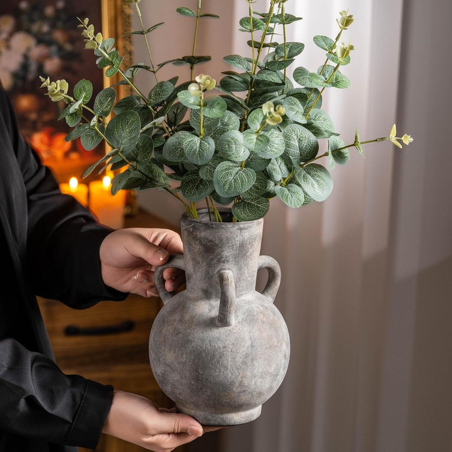 Rustic Grey Terracotta Ceramic Vase with Handles, Vintage Pottery Floral Vases, Cottage Core for Home Decor Table Centerpiece, Large Flower Vase for Bouquets Table Mantel Bedroon Bathroom 8.5 Inch