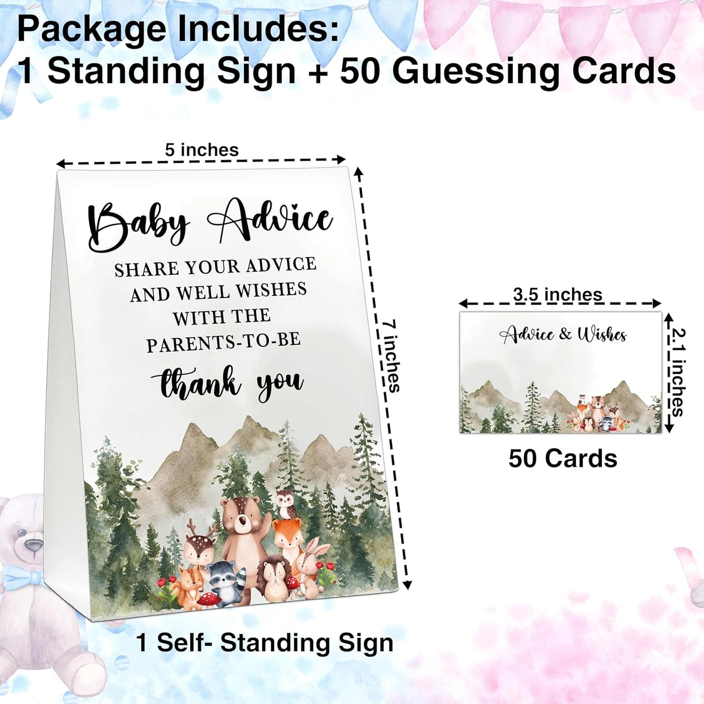 Woodland Baby Shower Game, Jungle Animal Safari 50 Baby Advice Cards with 1 Standing Sign for Gender Neutral Baby Shower - A03