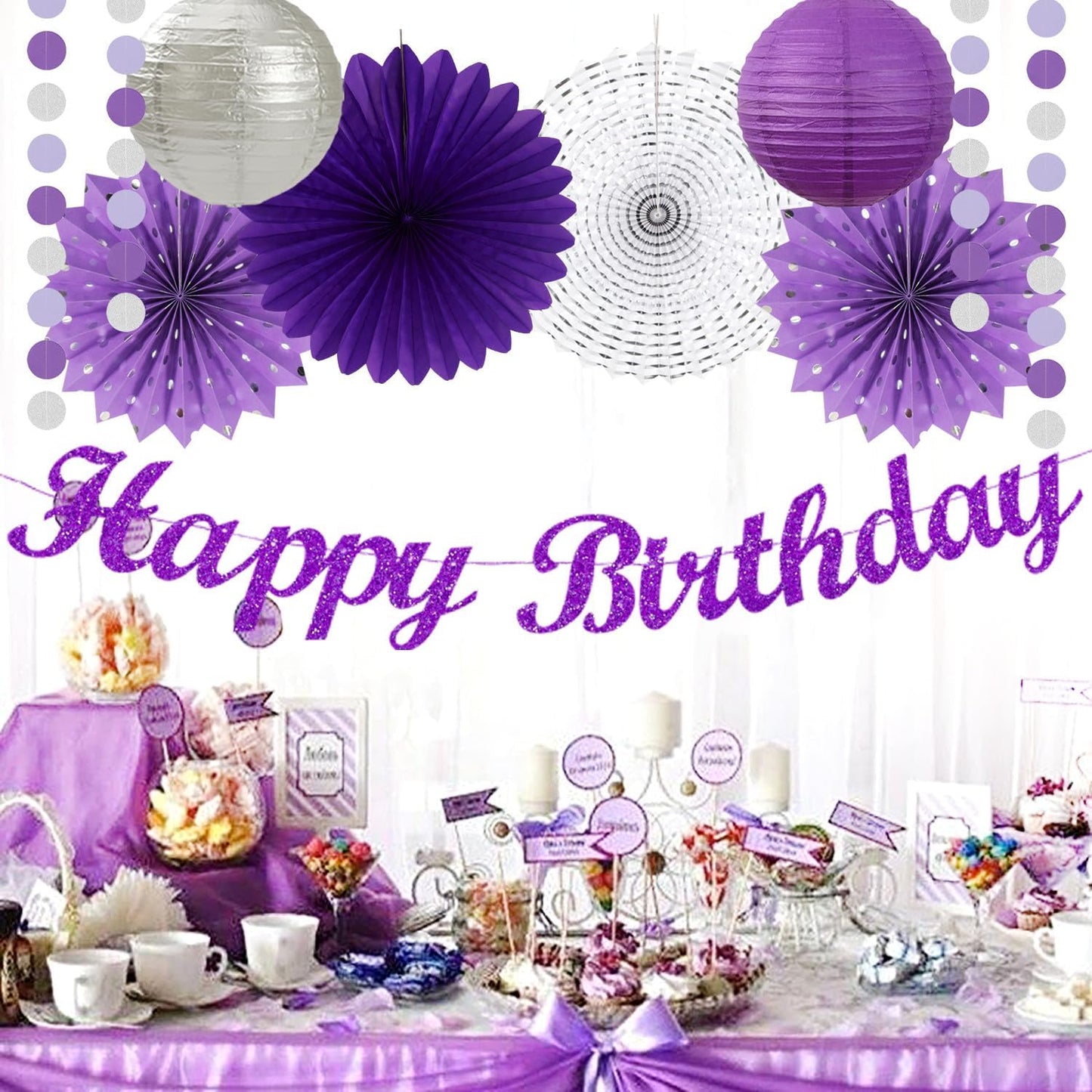 Purple Lilac-Lavender Silver Women Birthday Party-Decorations - 21pc Happy Banner,Paper Lanterns Streamers,Tissue Pom Poms Honeycomb Flower Fan, Girls Hanging Decor Supplies Garland Backdrop Huglony