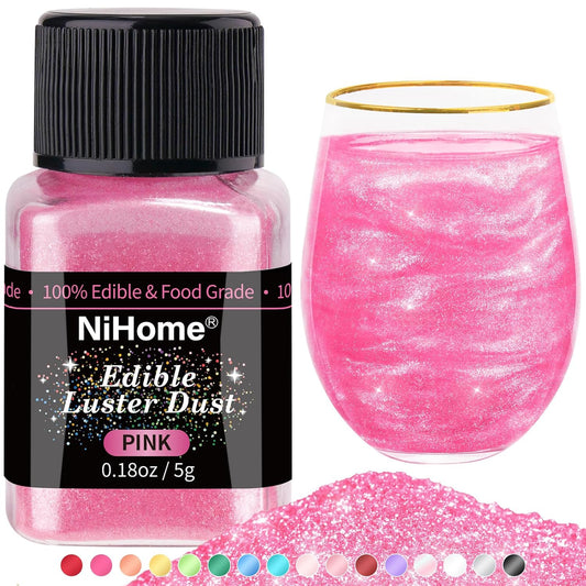 NiHome Edible Food-Grade Glimmer Powder Glitter Luster Dust Metallic Food Decorating Sprinkle Glimmery Dust for Drink Wine Beverage Cake Candy Dessert Bakery Restaurant Vegan (0.18oz/5g, Pink)