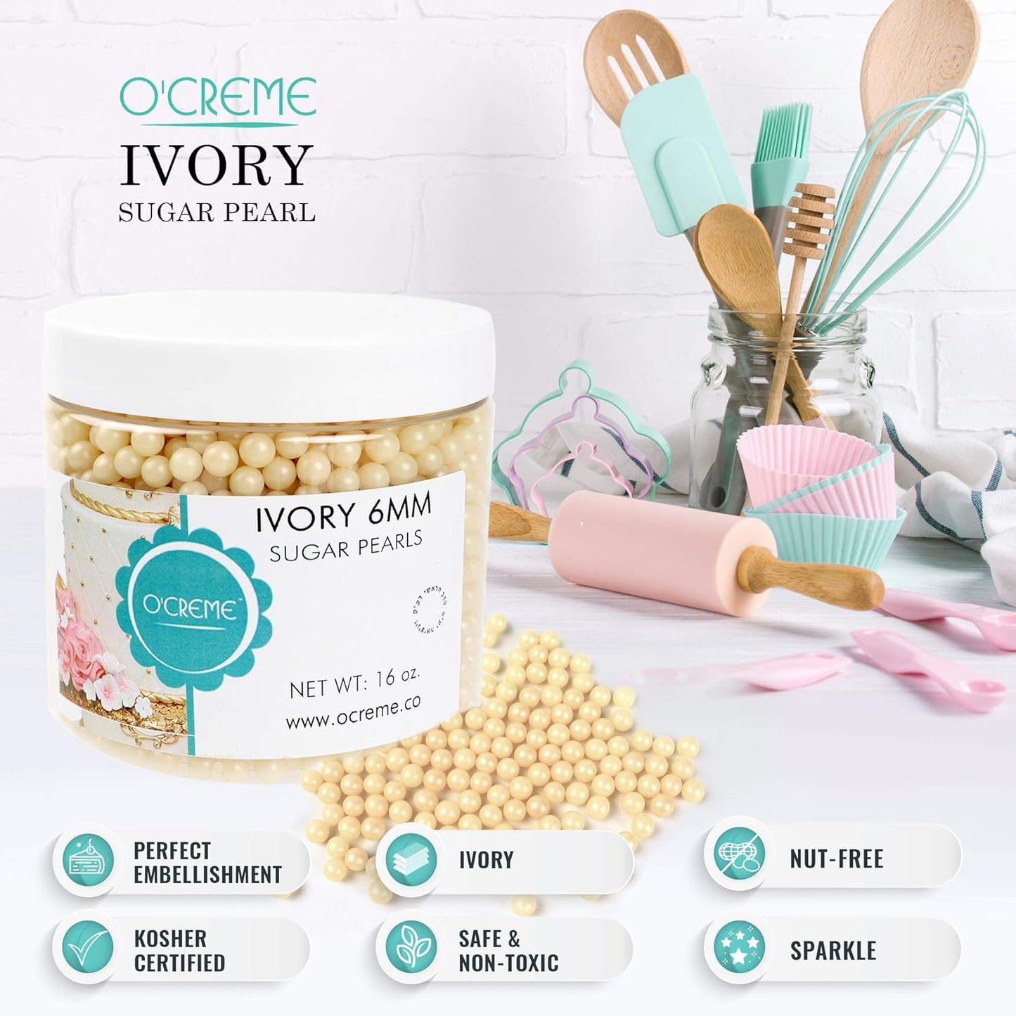 O'Creme Ivory Edible Sugar Pearls Cake Decorating Supplies for Bakers: Cookie, Cupcake & Icing Toppings, Beads Sprinkles For Baking, Certified, Candy Sugar Ball Accents (10mm, 16 Oz)