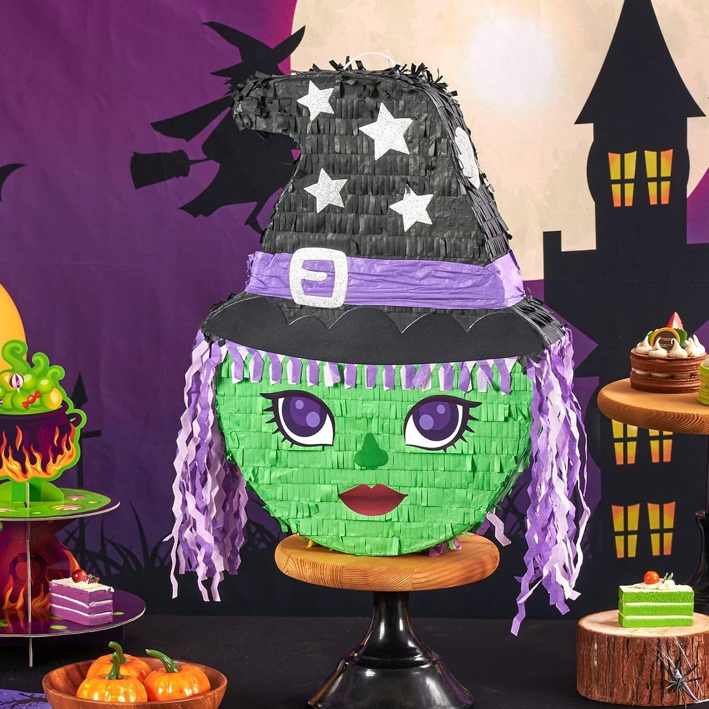 WERNNSAI Halloween Witch Pinata - Green Witch Pinata Halloween Party Games for Kids Costume Party Decor Favor School Scary Game Wizarding World Party Supply with Bat & Blindfold