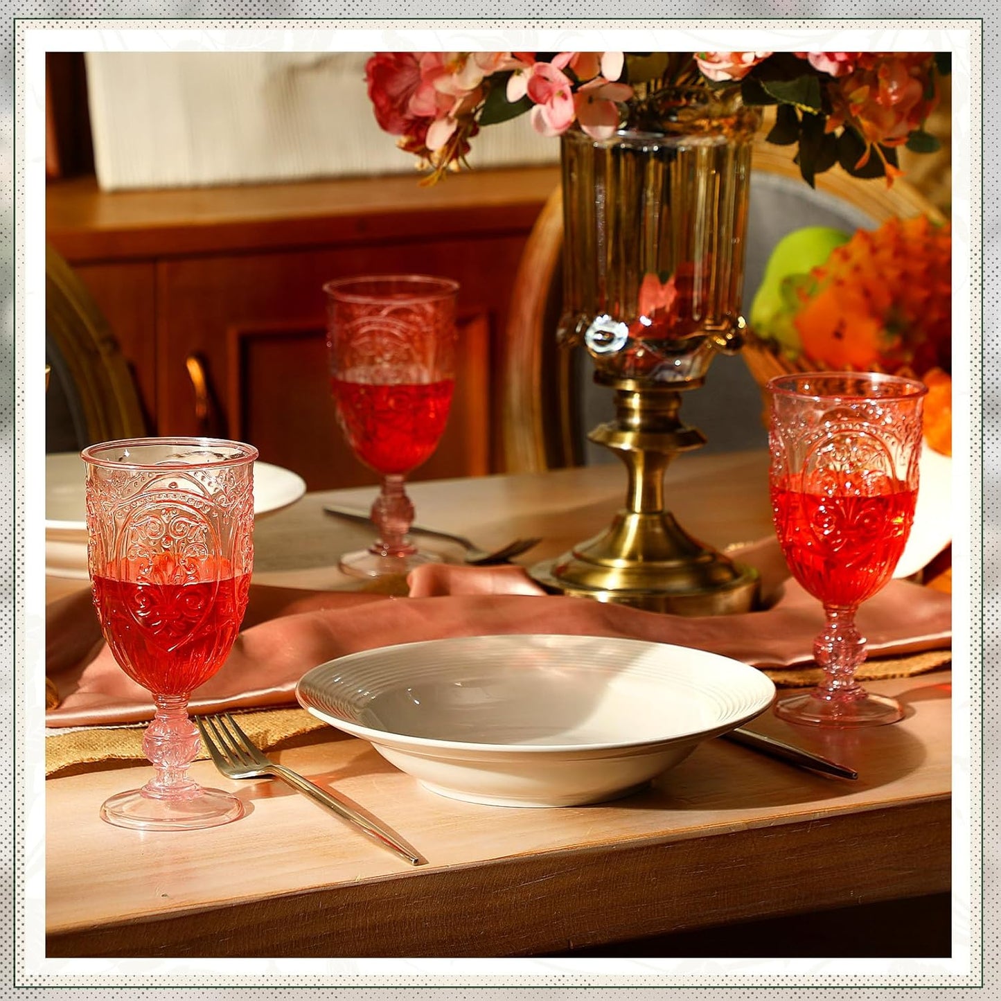 36 Pack Plastic Goblets 10oz Upgrade Vintage Water Goblet Plastic Wine Glasses Colored Retro Embossed Glassware for Party Wine Bar Juice Baby Shower Wedding Reception Grand (Pink)