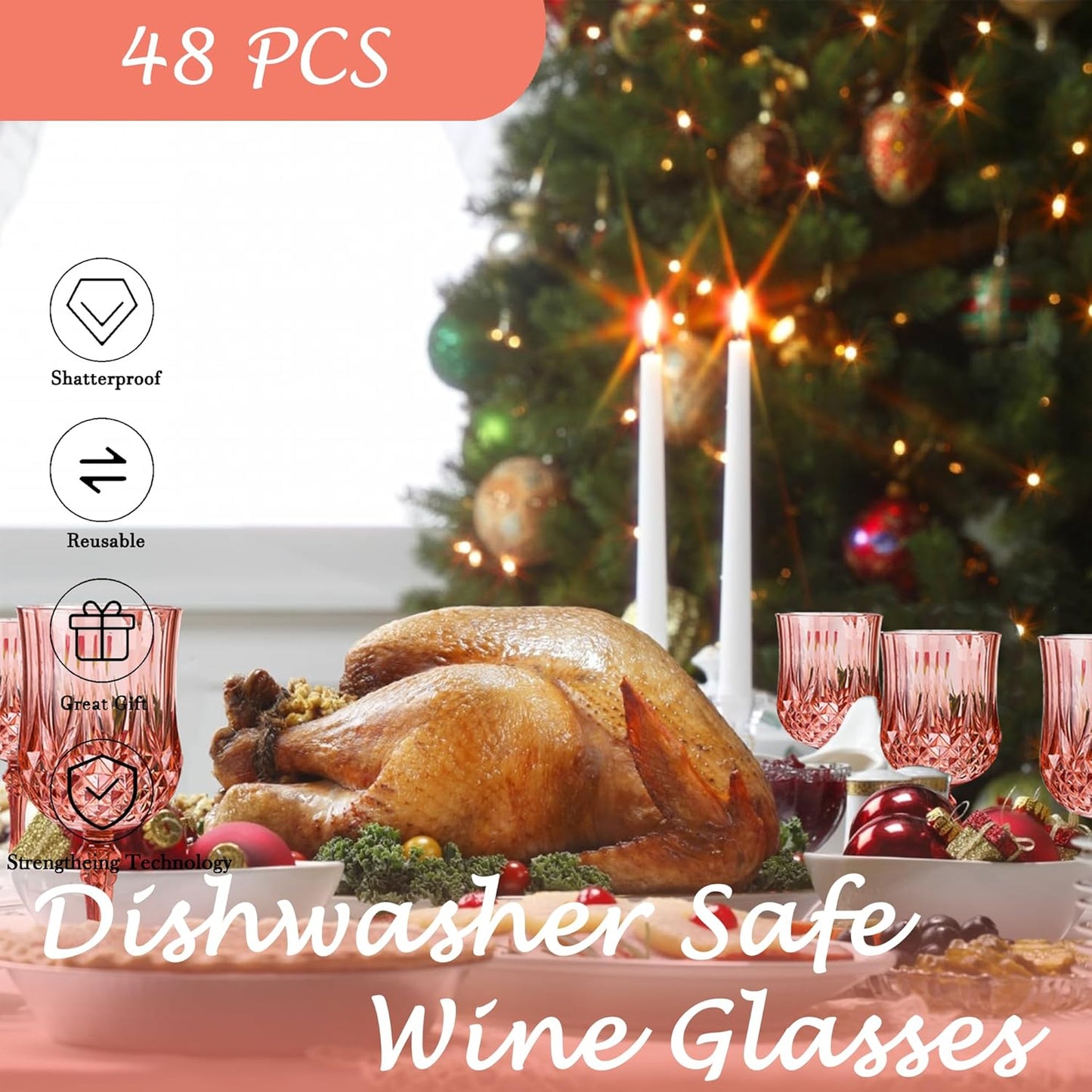 Plastic Wine Glasses，Plastic Goblets Vintage Style Cordial Drinking Glasses for Wedding Reception, Grand Event Party Supplies (48, Rose Gold)