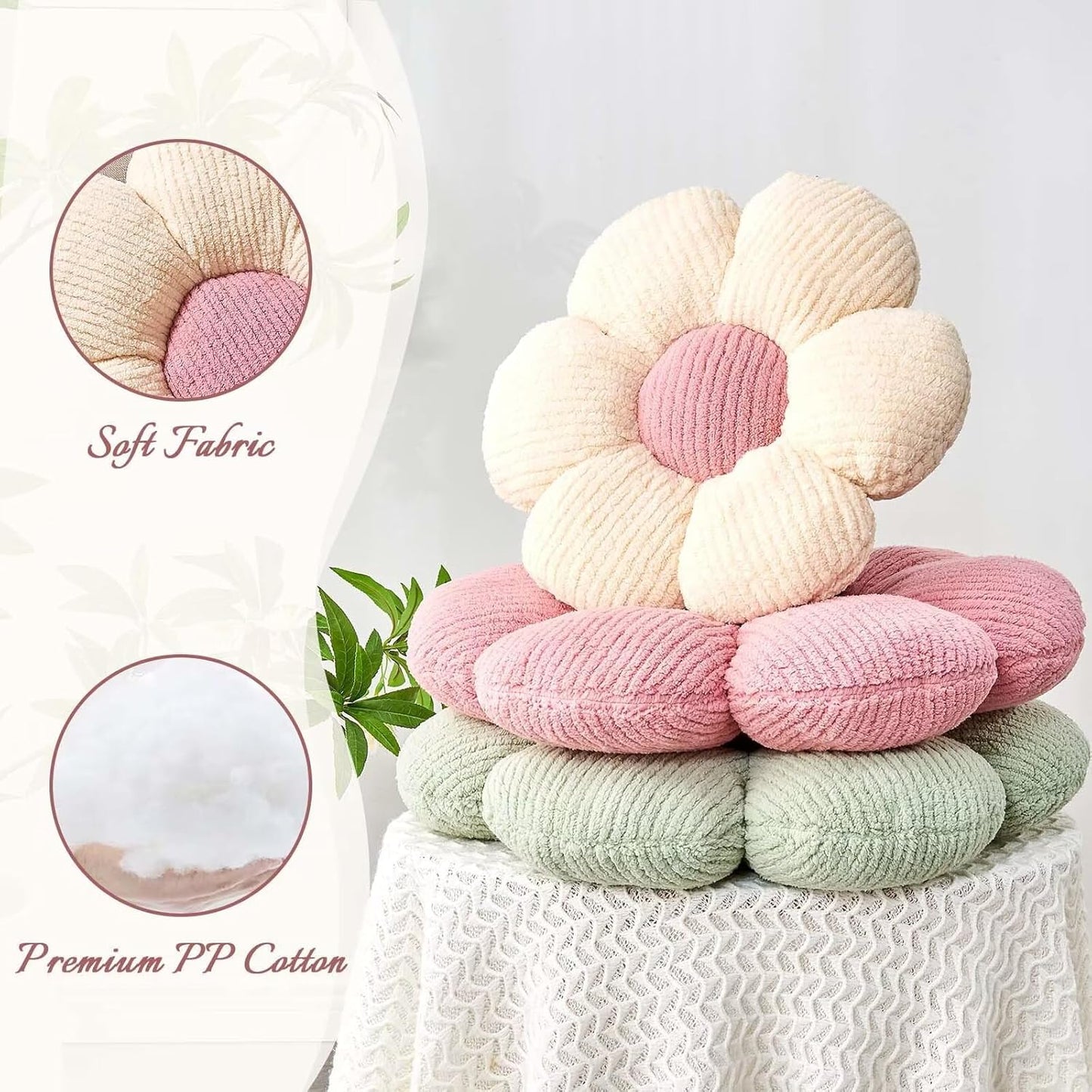 White Brown Flower Pillow, 14.9" Cute Flower Shaped Floor Pillow, Aesthetic Floral Plush Daisy Decorative Throw Pillows for Bed Sofa Couch