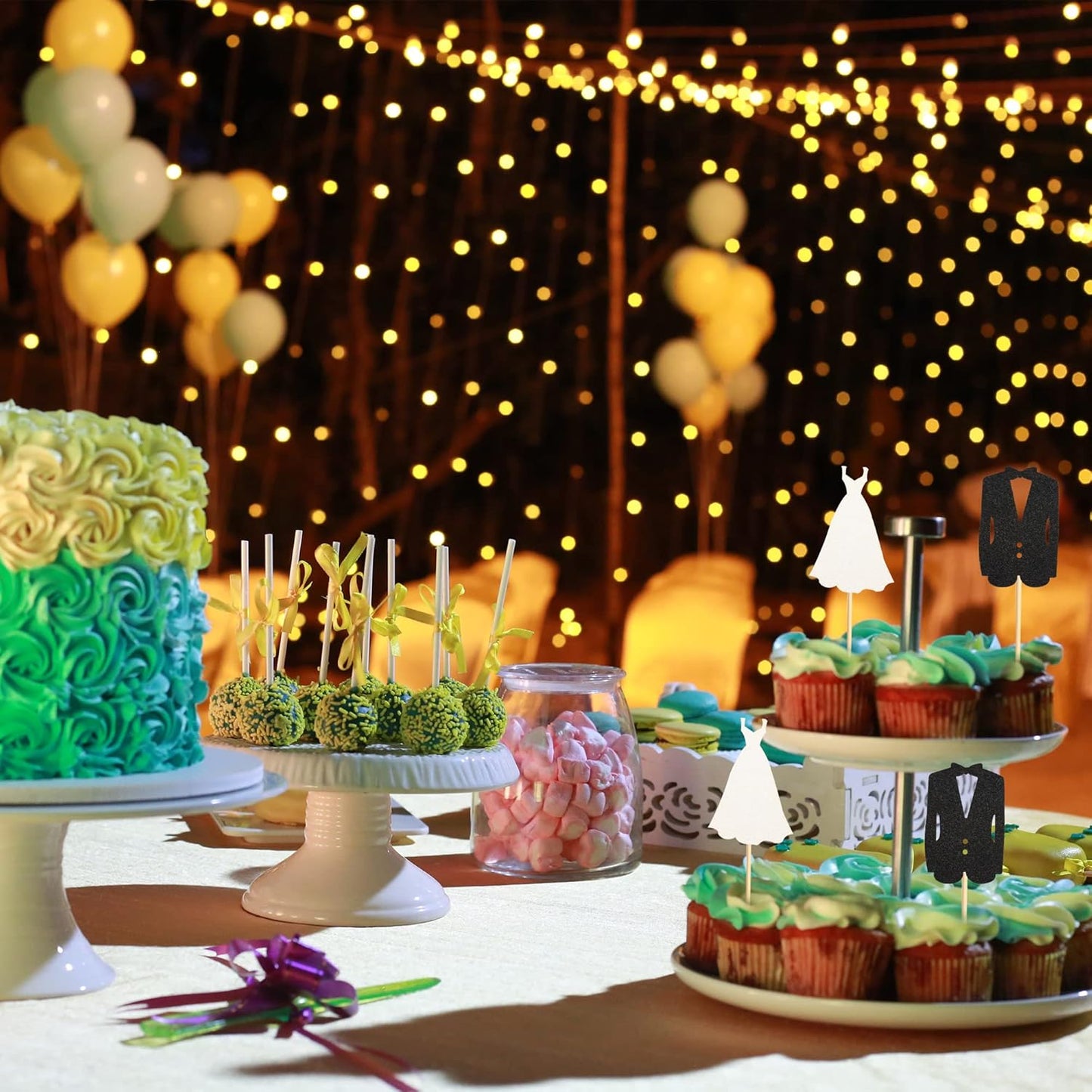 24pcs Bride and Groom Cupcake Toppers Wedding Dress and Tux Cupcake Picks Bridal Shower Wedding Engagement Anniversary Party Cake Decorations Supplies