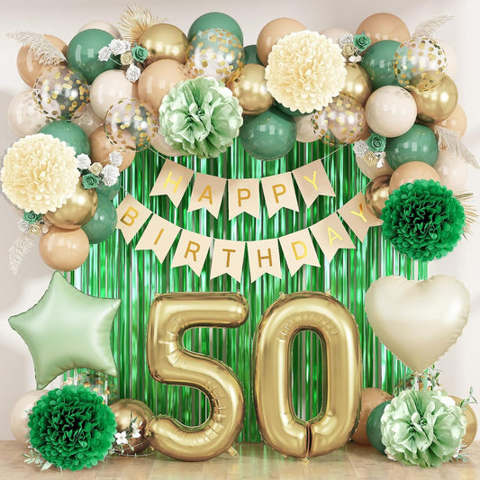 Sage Green 50th Birthday Decorations for Men Gold Number 50 Balloon Nude Gold Happy Birthday Banner Fringe Curtain Paper Pom Poms Olive Green Cream White Sand Star Foil Balloons Party Decor