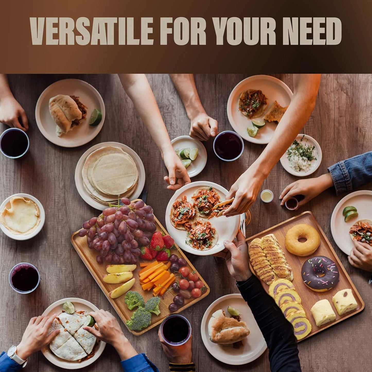 2pcs 15"x10" Solid Acacia Wood Serving Trays Rectangular Wooden Serving Platters Natural Wooden Boards for Bar Coffee Party（Brown）