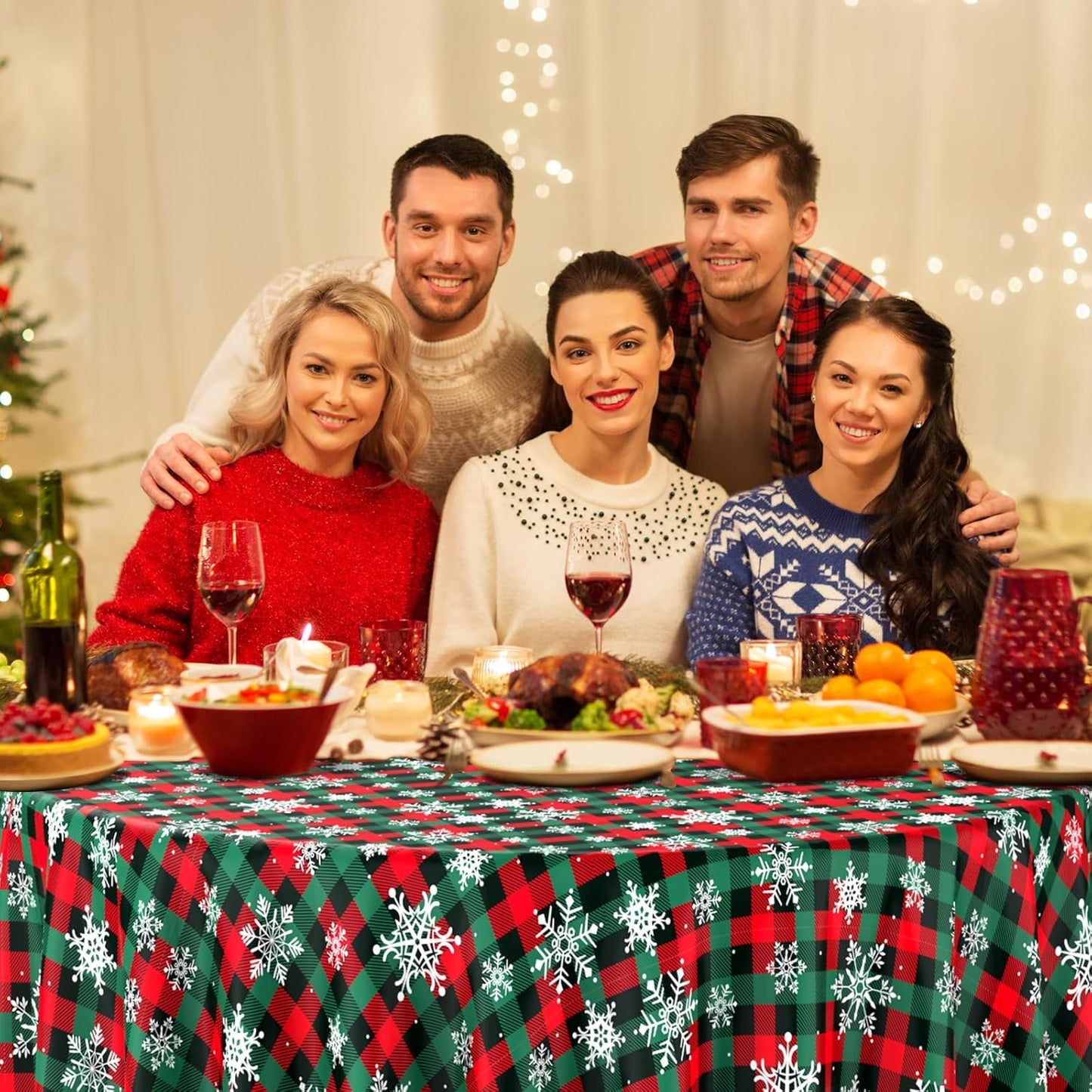 12Pcs Christmas Buffalo Plaid Snowflake Party Tablecloths Decorations,Plastic Red and Green Checkered Round Table Cover for Winter Christmas New Year Birthday Holiday Party Decorations,84 inch