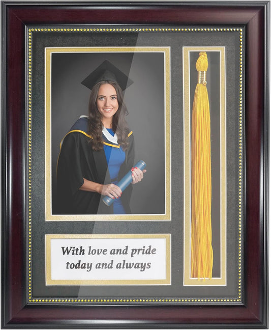 GraduationMall Graduation Photo Shadow Box Frame with Tassel Holder for 5x7 Pictures,Real Glass,Black over Gold Double Mat,Wall & Tabletop Design