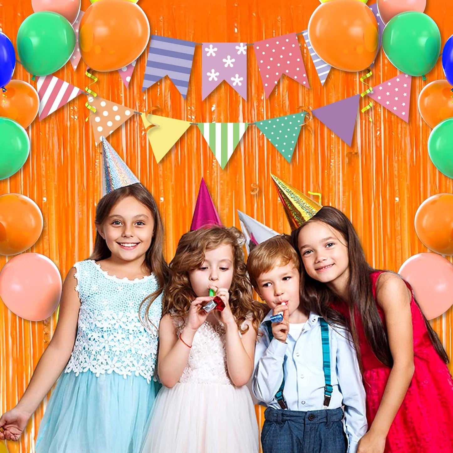 6 Pack Macaron Orange Foil Fringe Curtains Backdrop, 3.28 x 8.2 Ft Metallic Streamers Tinsel Curtains Background for Photo Booth, Birthday, Weddings, Carnivals, Graduation, Themed Party Decorations