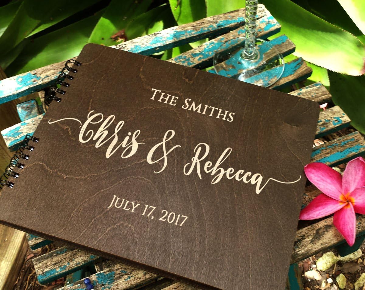 Wooden Wedding Guest Book (8.5"x7", Burnt Cocoa Stain) Personalized Wood Rustic Charm Bride Groom Vintage Anniversary Bridal Guest Registry Guestbook Made in USA