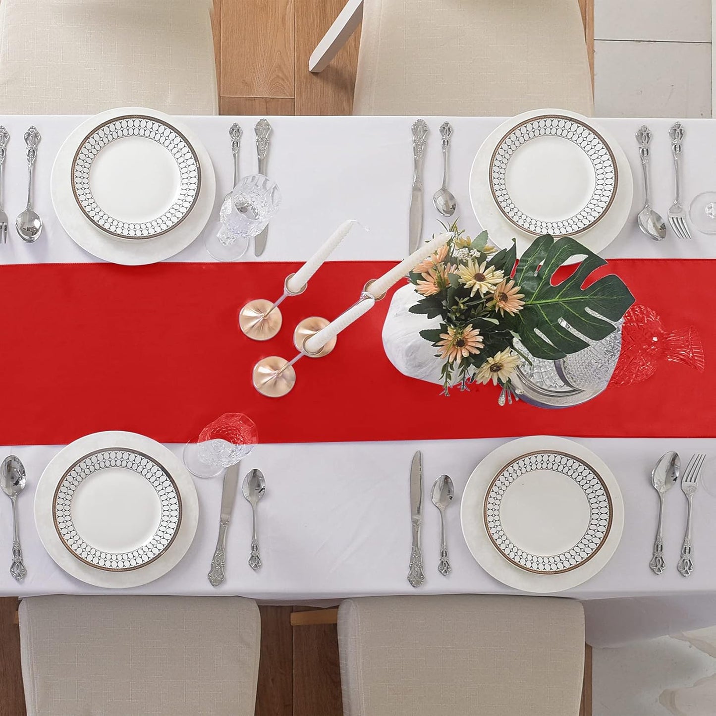 24Pack Table Runner 12 x 108 Inches Satin Silk Table Runner for Wedding, Birthday Party, Banquets, Graduations Decoration, fit Rectange and Round Table-Scarlet