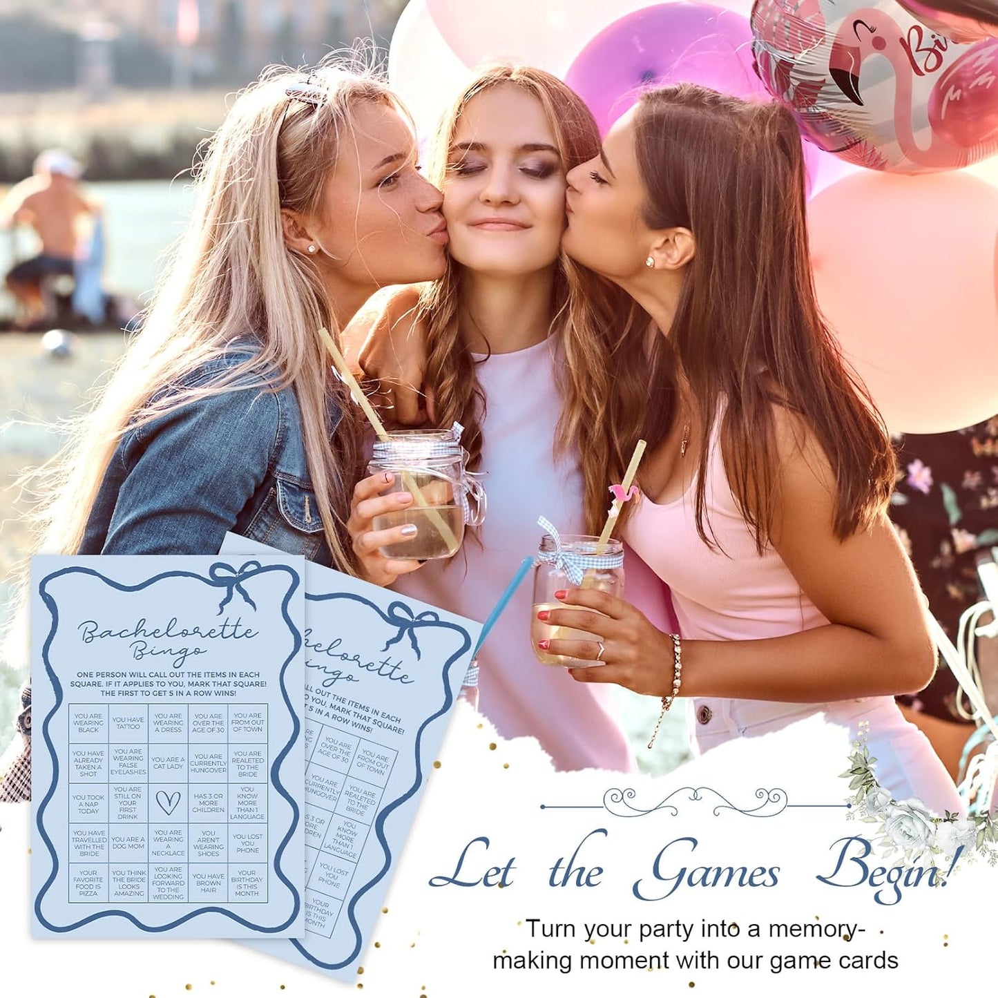 DEEKA 30 PCS Bridal Shower Games Card for 30 Guests Blue Wavy Border Ribbon Bow Funny Wedding Bachelorette Party Games for Reception (Bachelorette Bingo)