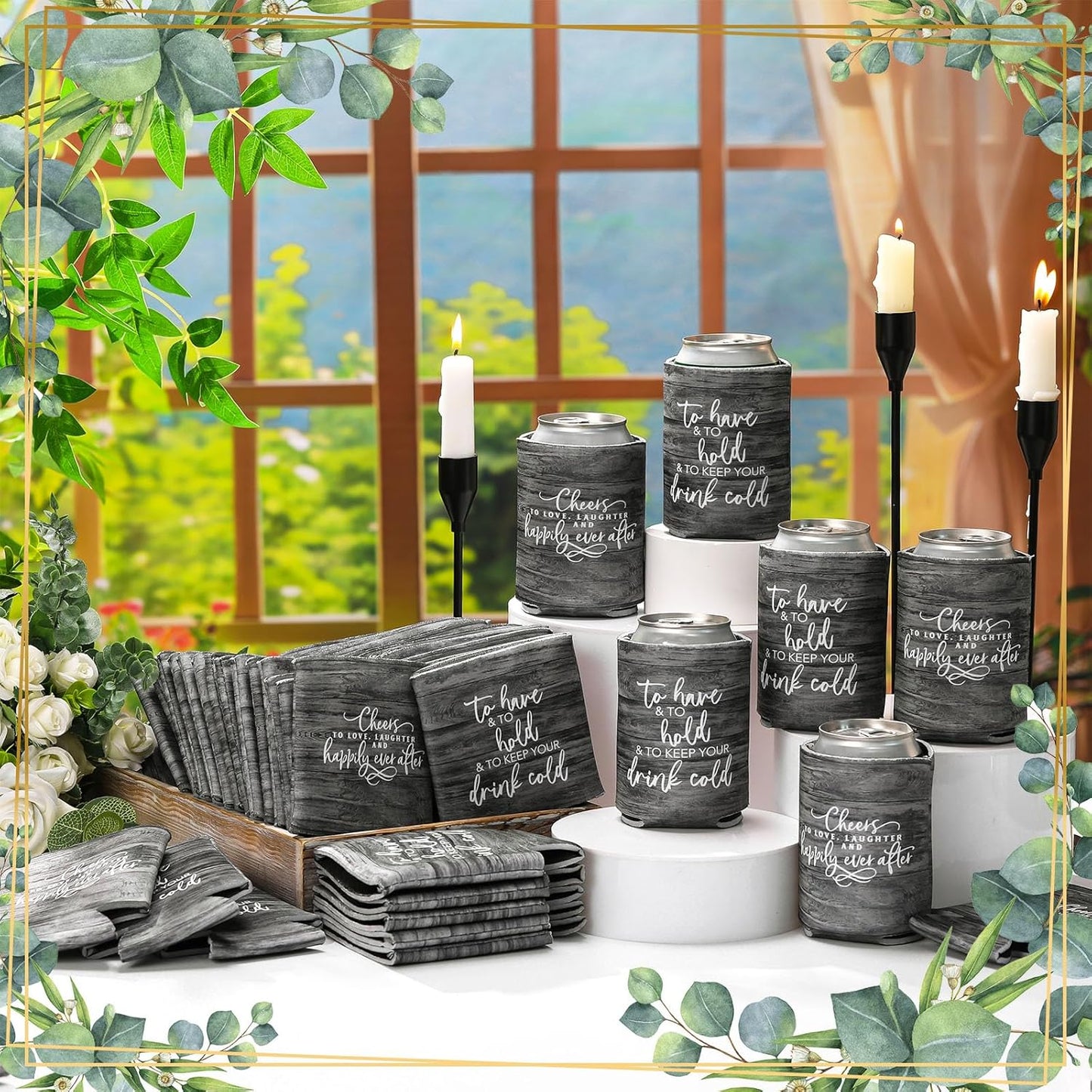 50 Pieces Wood Grain Wedding Can Cooler Sleeves Bulk Engagement Party Favors for Guests Cheers to Love Laughter and Happily Ever After Rehearsal Dinner Decorations for Wedding Bridal