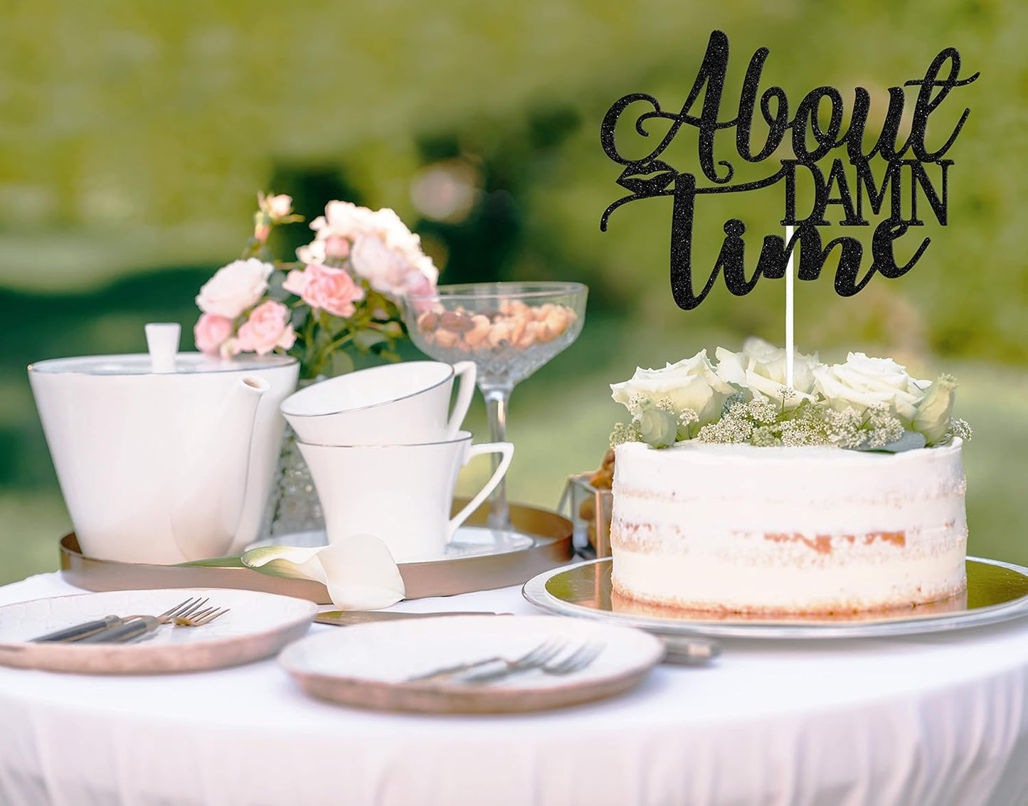 About Damn Time Cake Topper, Engagement Wedding Party Decorations, Congrats Wedding/Anniversary Party Decor, Love Laughter & Happily Ever After Party Supplies Black Glitter