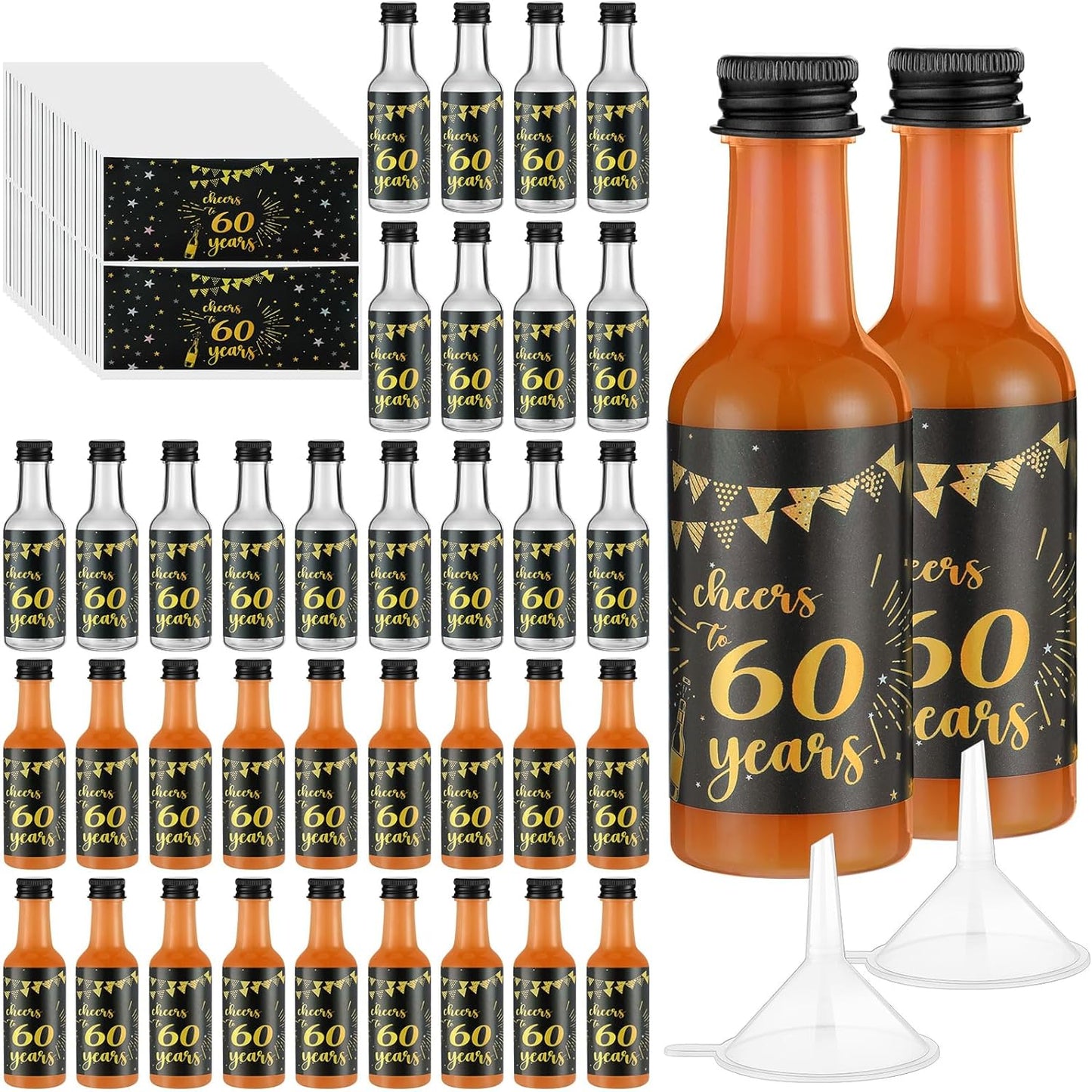 Vesici 50 Pack Mini Liquor Bottles 1.7oz Shot Mini Wine and Champagne Bottle Birthday Sticker with 2 Funnels Birthday Party Favor for Adult Guest Women Men Anniversary Celebration(Cheers to 60 Years)