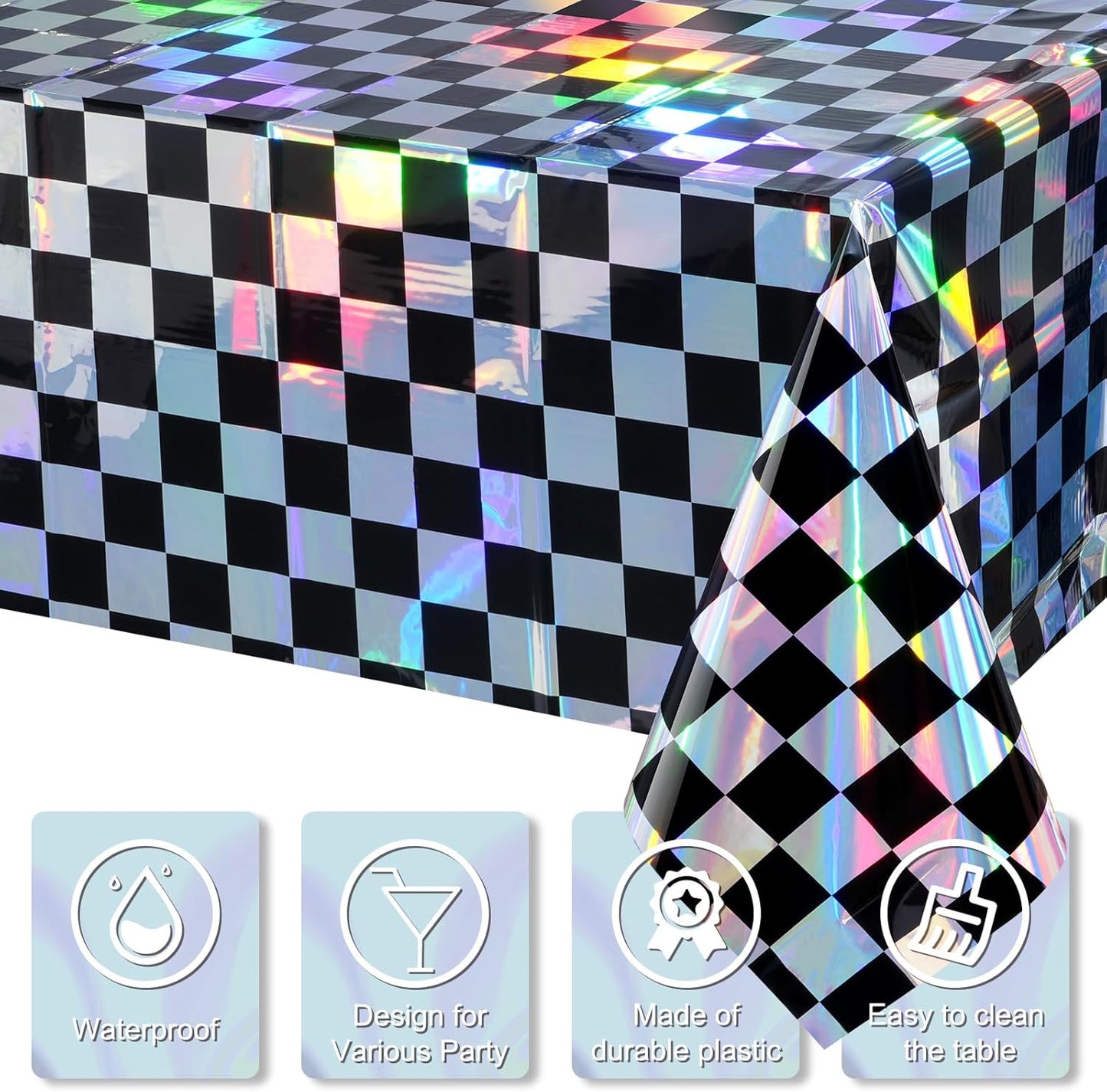 1Pack Black and Iridescent Checkered Plastic Tablecloth, Shiny Disposable Laser Rectangle Table Covers, Holographic Foil Tablecloth Iridescent Party Decorations for Picnic Camping Race Car, 54x108Inch