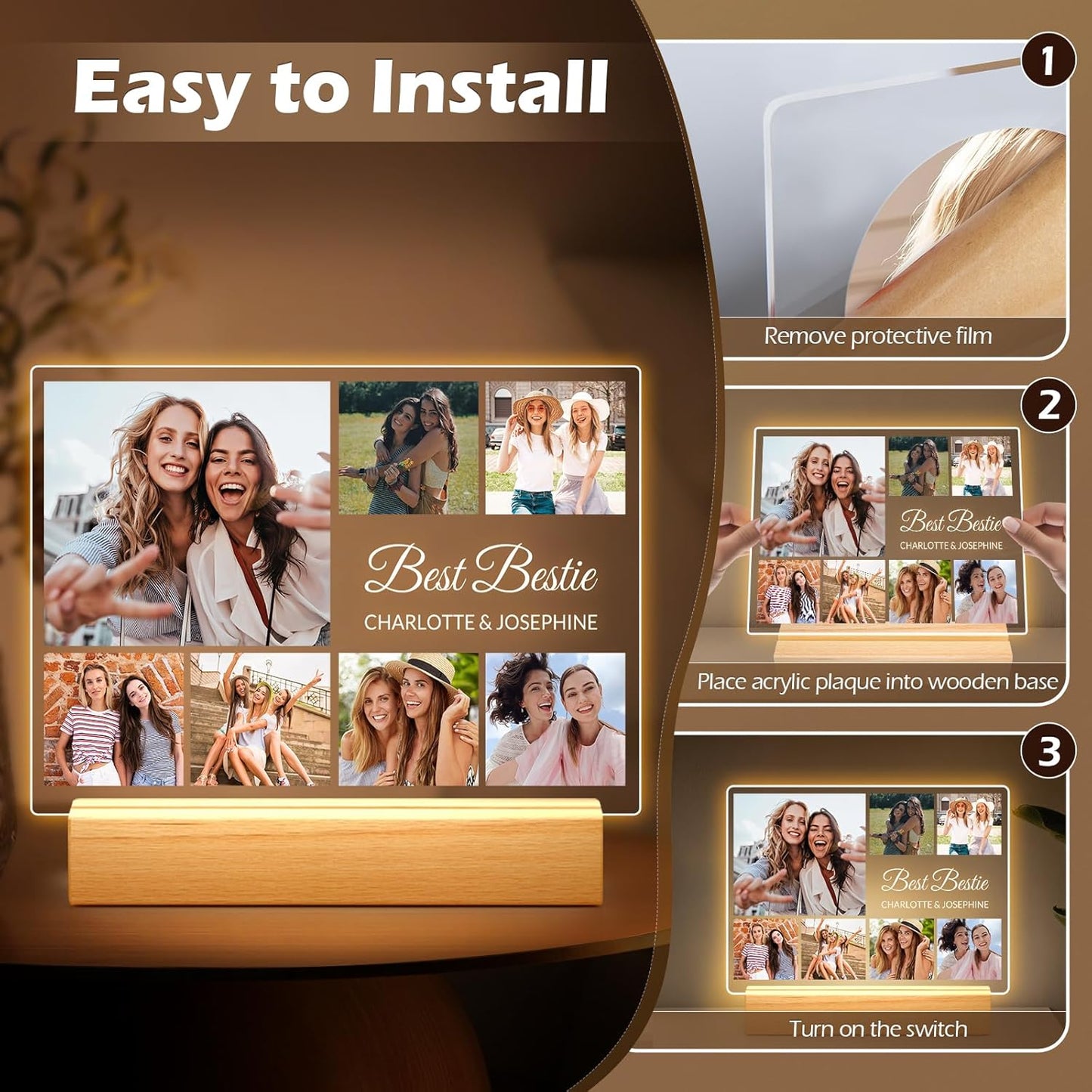 Personalized Picture Frames with Photo, Custom Photo Frame with Night Light, Customized Photo Gifts, Personalized Birthday Gifts for Women, Her, Bestie, Best Friends