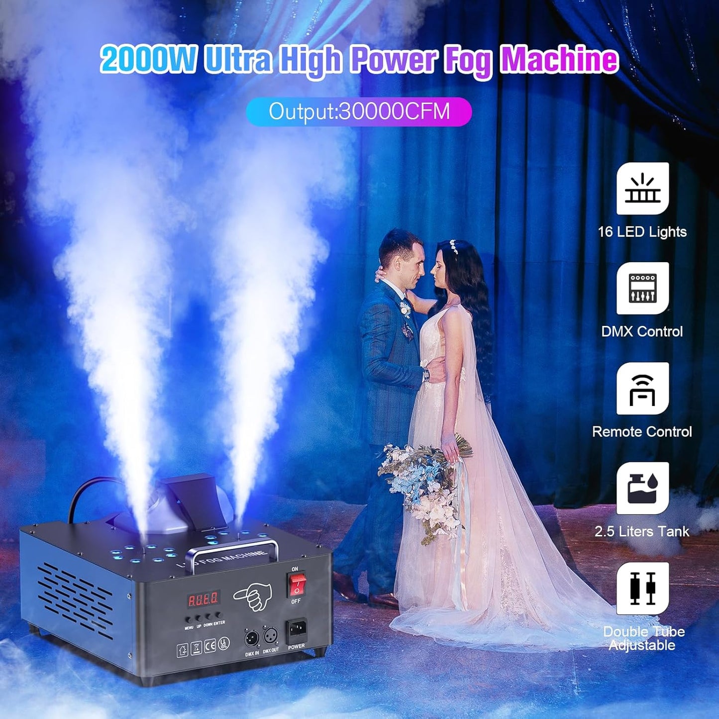 2000W Professional Fog Machine Dual Nozzle with 16 RGB LED, DMX Control Adjustable Smoke Direction, 2.5L Tank LCD Display 30000CFM for Halloween Christmas Stage DJ Party Club Events-2PC
