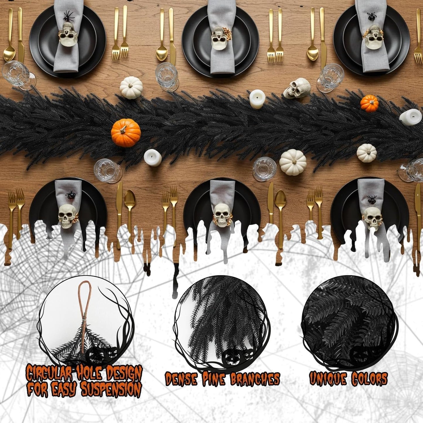 N&T NIETING 5.9FT Halloween Black Artificial Norfolk Pine Garland Real Touch Christmas Garlands Faux Garland for Table Mantle Holiday Fireplace Indoor Outdoor Christmas Halloween Decorations