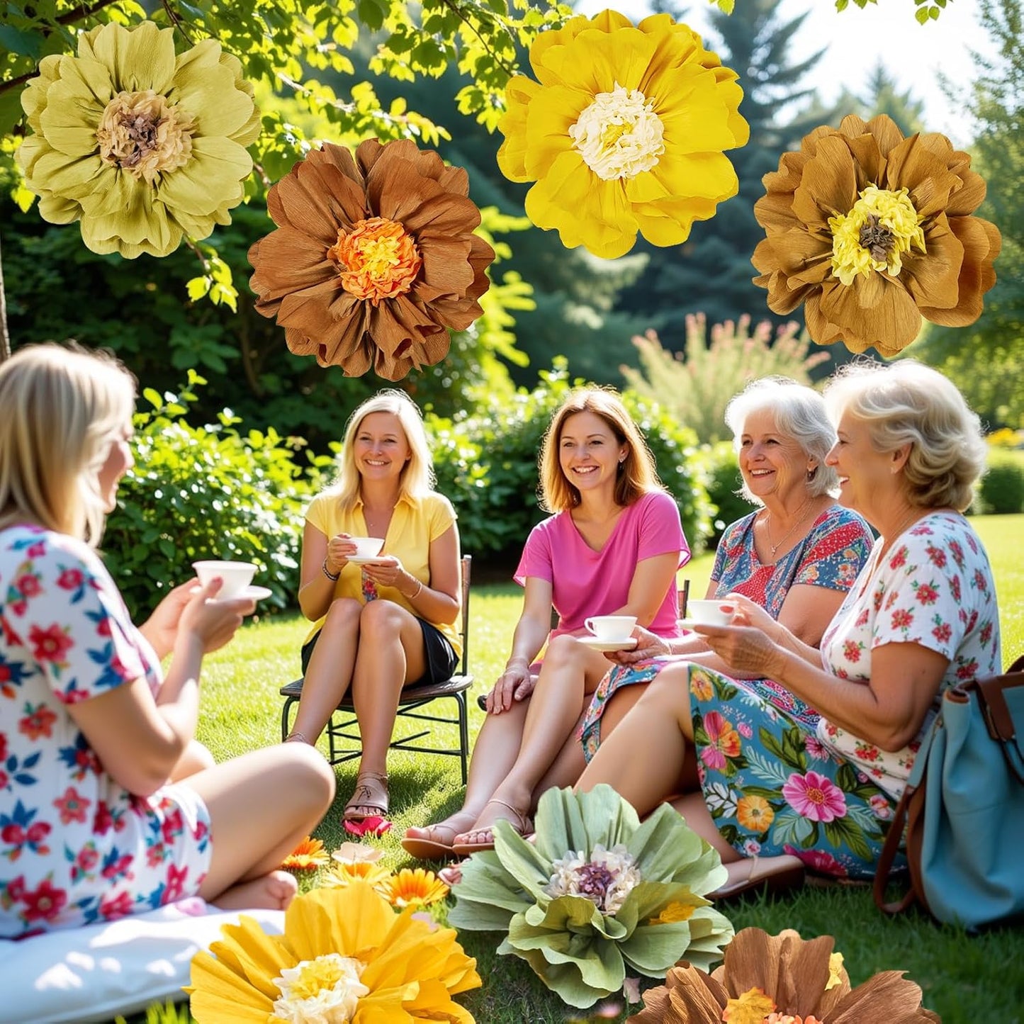 4 PCS 20" Brown Yellow Giant Paper Flowers Boho Baby Shower Party Decorations Thanksgiving Fall Autumn Large Tissue Pom Poms Neutral Floral Rustic Crepe Paper Flowers for Wall Birthday Wedding Garden