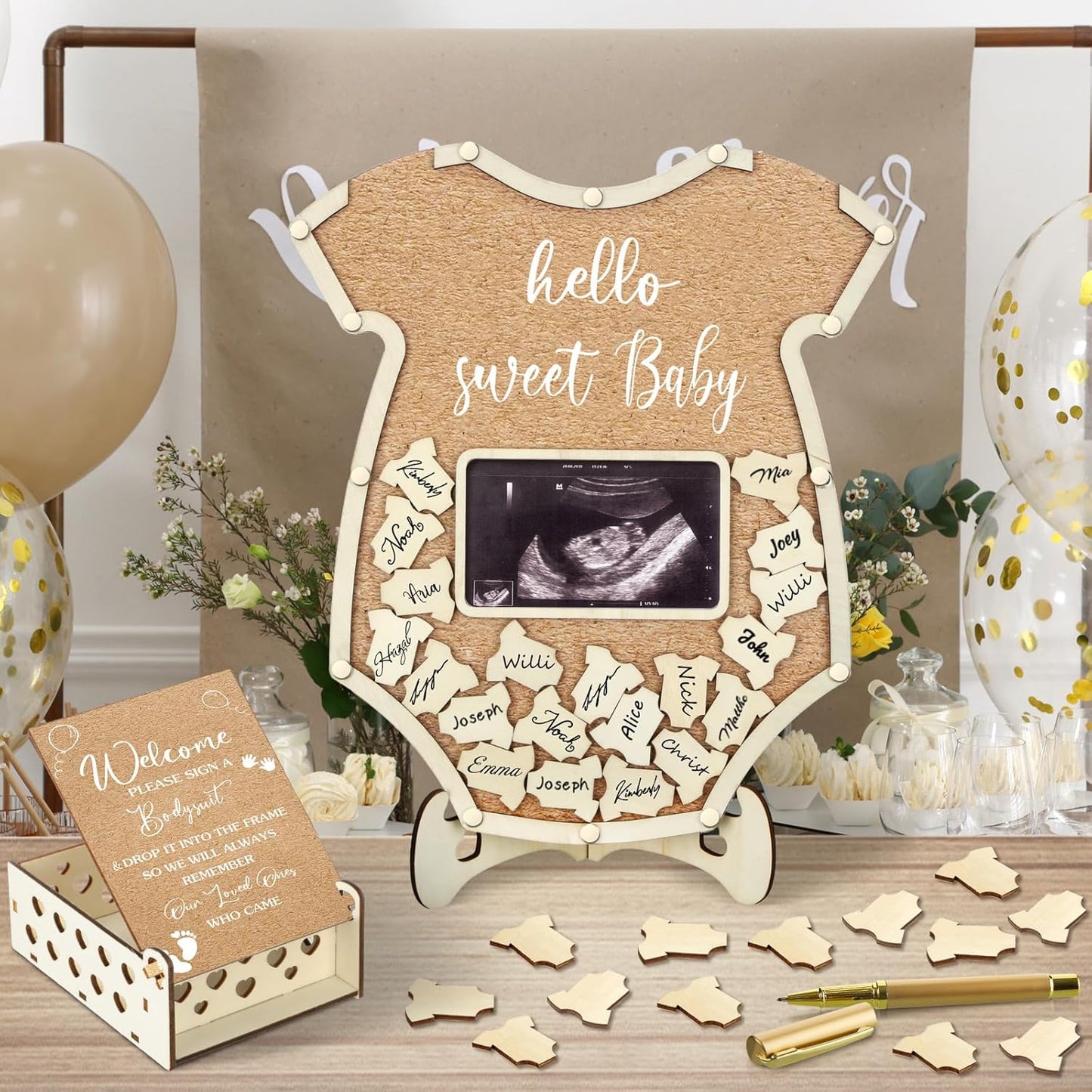 Wenqik 63 Pcs Bodysuit Baby Shower Guest Book Alternatives Set Baby Shower Decorations with Photo Frame Sonogram Frame Keepsake 60 Wood Slices Guest Book for Birthday