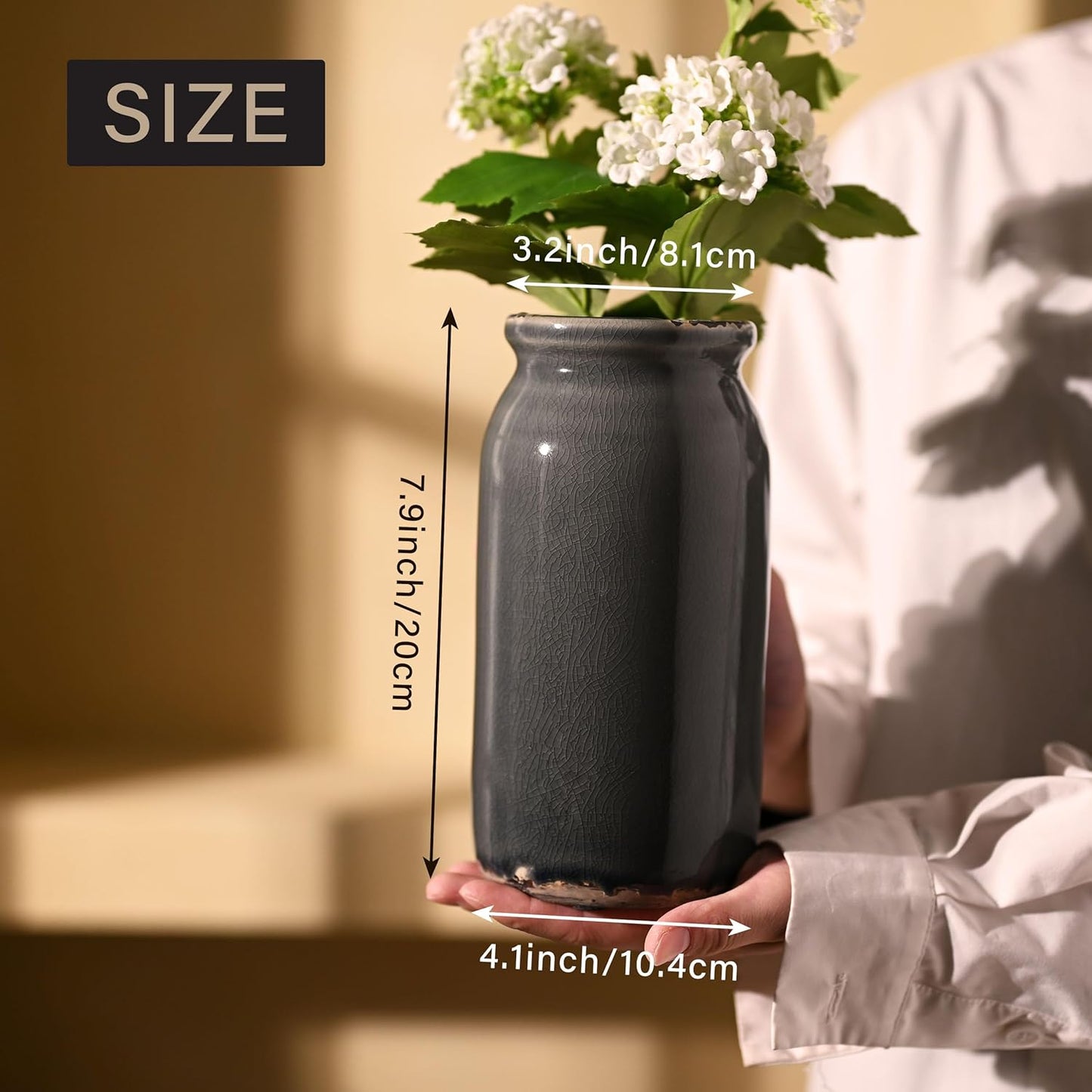 VICTOR & TERESA Rustic Blue and Grey Vase for Home Decor, Ceramic Vases for Flowers, Modern Farmhouse Decorative Vases for Pampas Grass,Table Accent, Mantel, Living Room,Bookshelf, Centerpieces, 8''