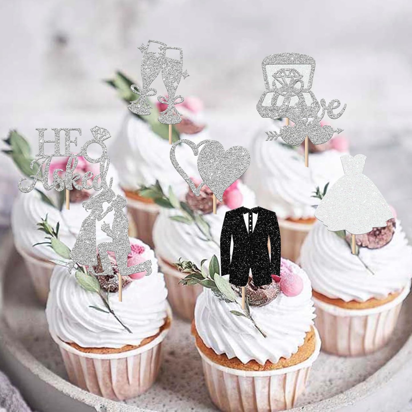 30 Pack Bride to be Cupcake Toppers Glitter Diamond Ring I Do Love Cupcake Picks Miss to Mrs He Asked She Said Yes Bridal Shower Wedding Engagement Bachelorette Cake Decorations Silver