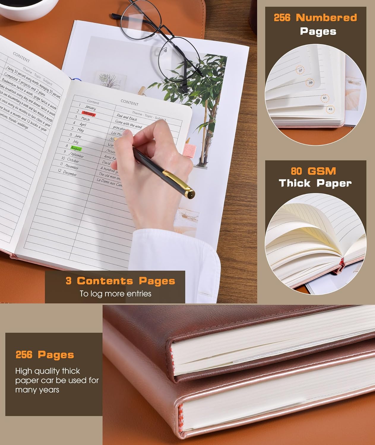 Lined Journal Notebook for Women Men, 256 Numbered Pages Hardcover Leather Journals for Writing, A5 Journaling Notebooks, College Ruled Journal for Business Work School 5.75" x 8.38" Champagne